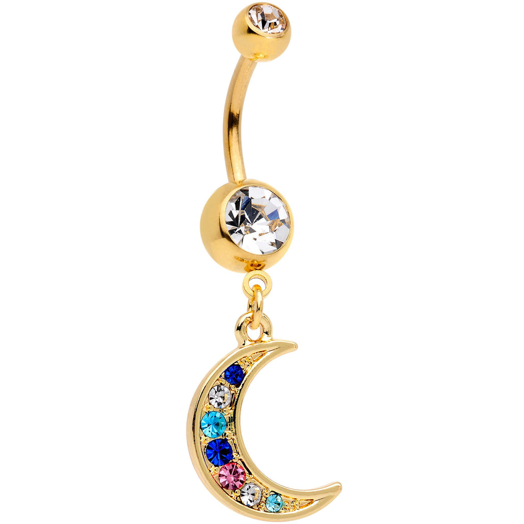 Multicolor Gem Gold Tone Crescent Moon Dangle Belly Ring
