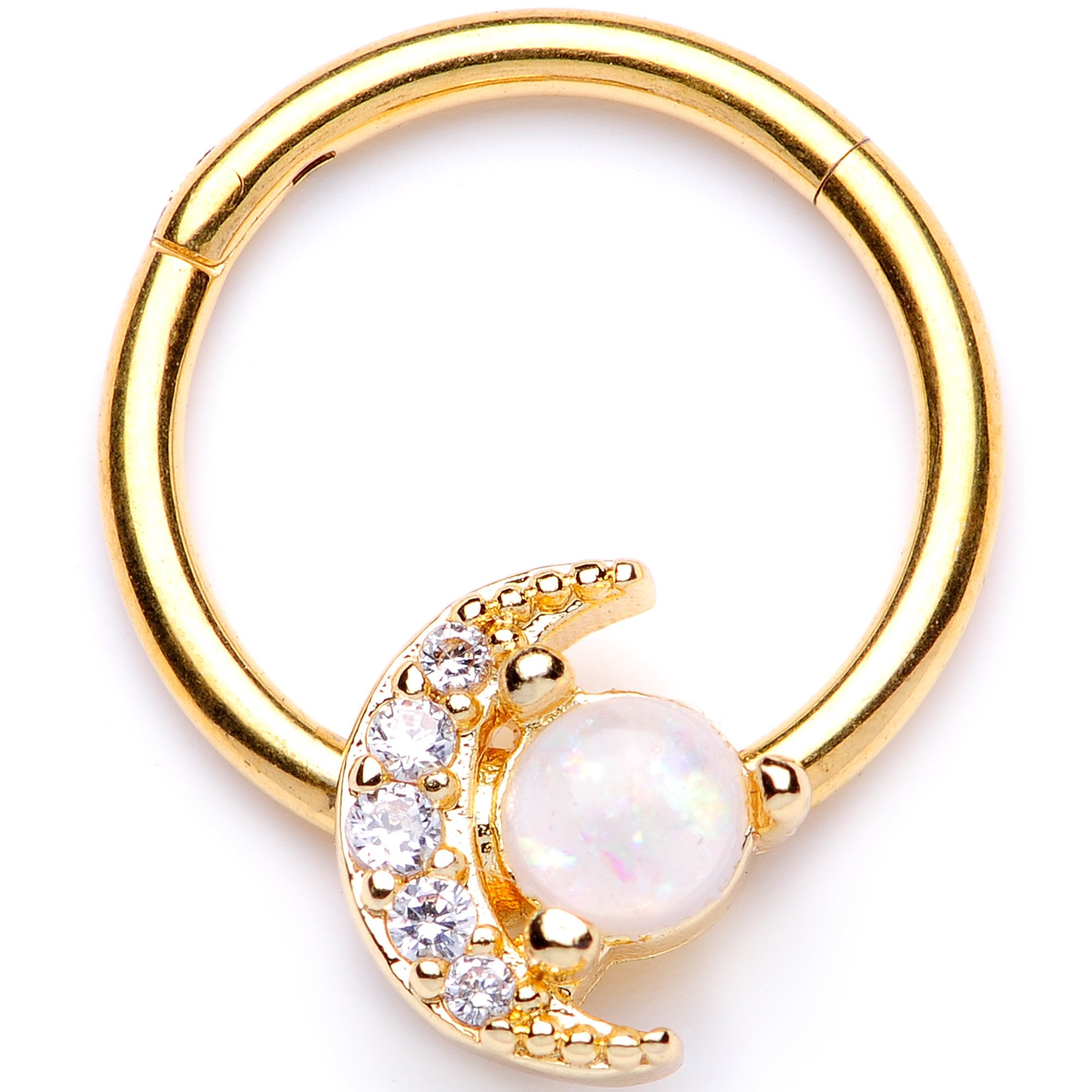 16G 3/8 White Faux Opal Gold Tone Moon Hinged Segment Ring