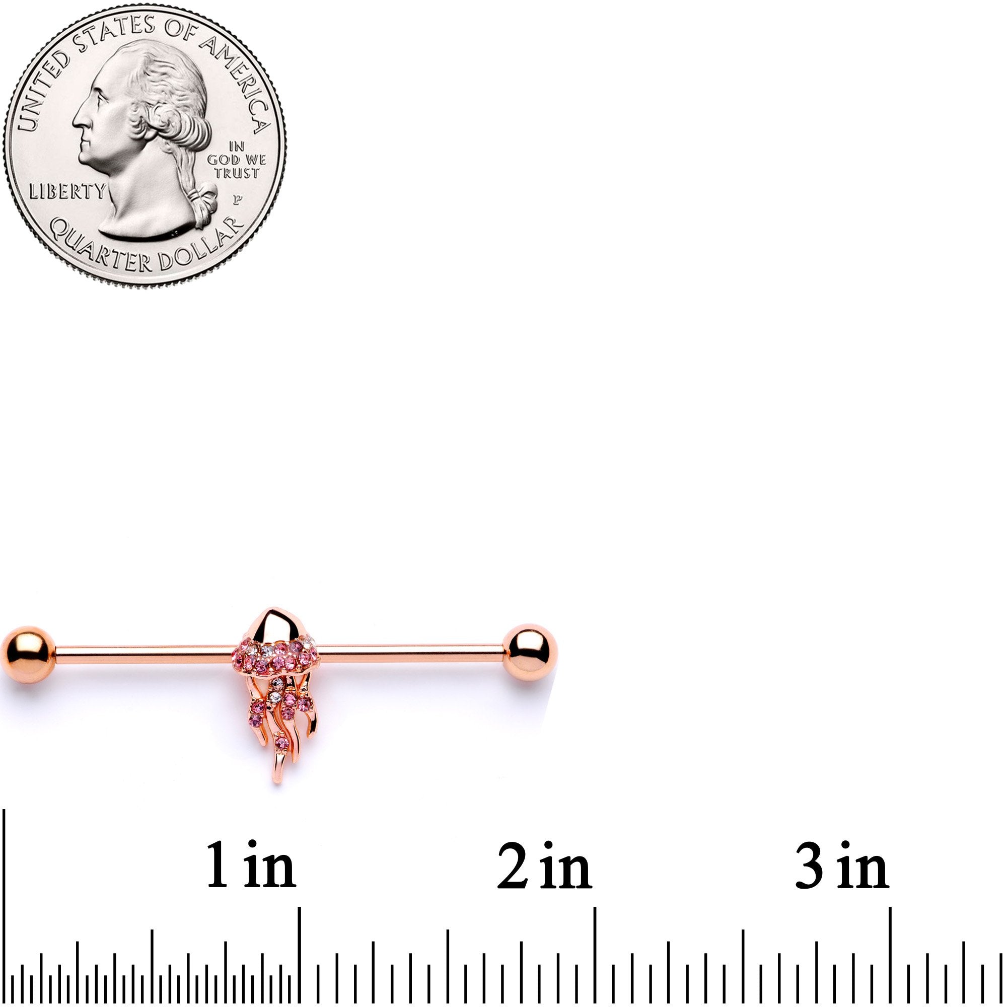 14G Clear CZ Gem Rose Gold Tone Jellyfish Industrial Barbell 38mm
