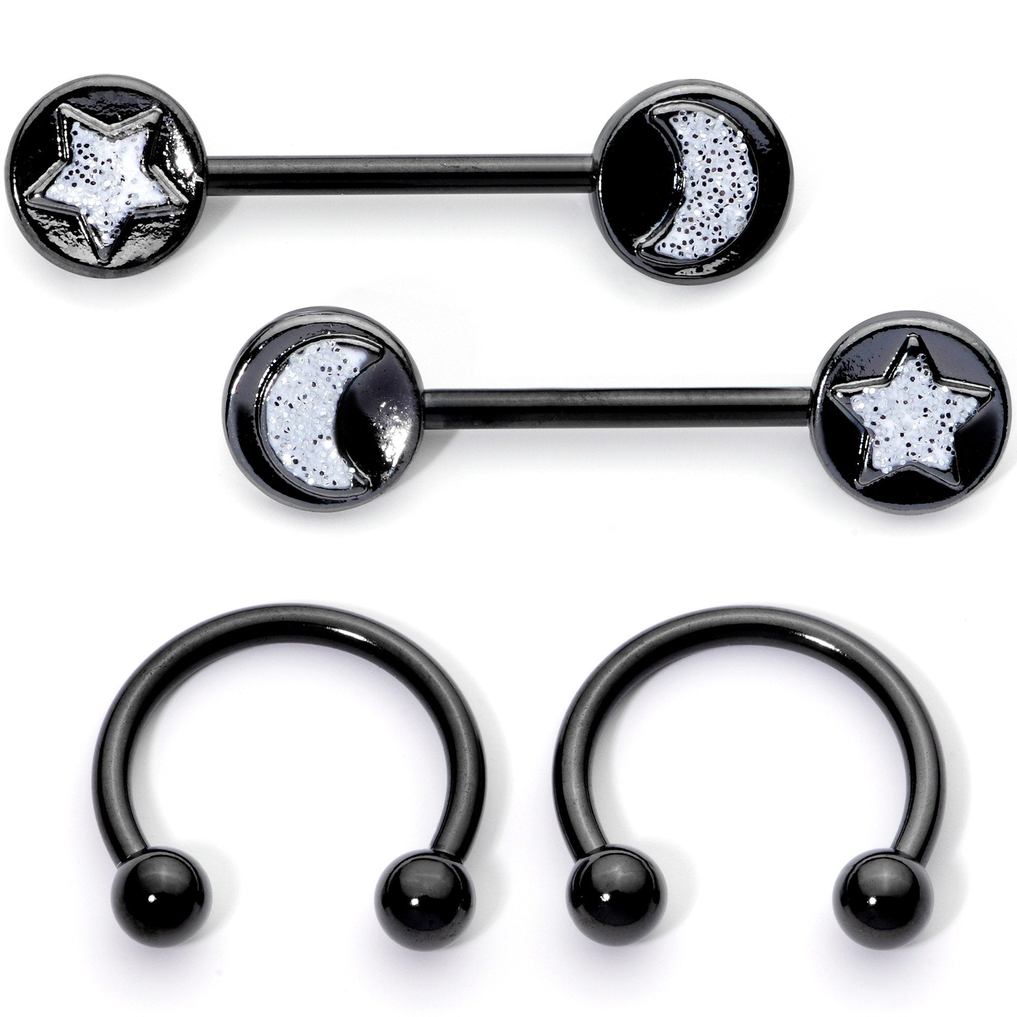 14G 9/16 1/2 Black Moon Star Horseshoe Barbell Nipple Ring Set