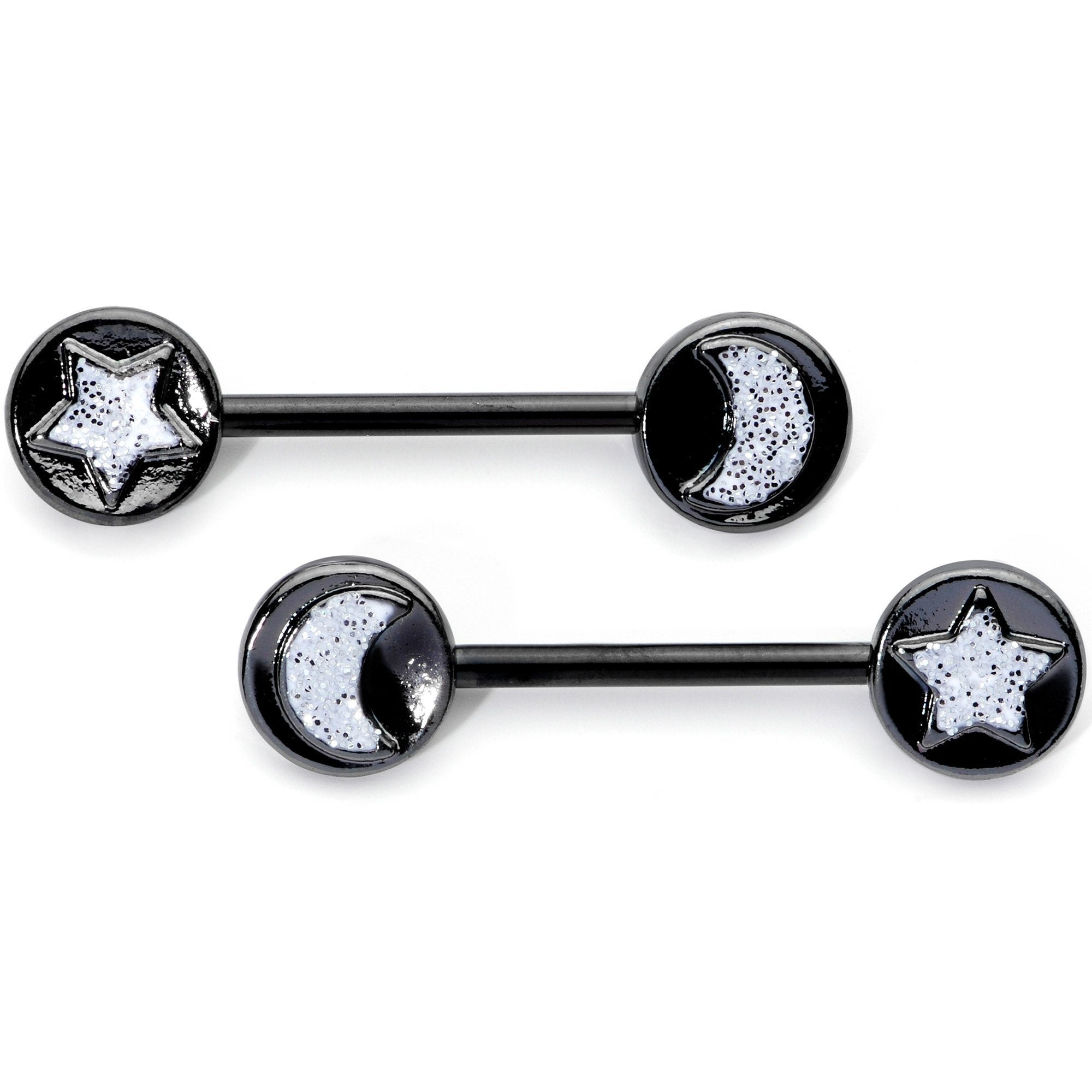 14G 9/16 1/2 Black Moon Star Horseshoe Barbell Nipple Ring Set