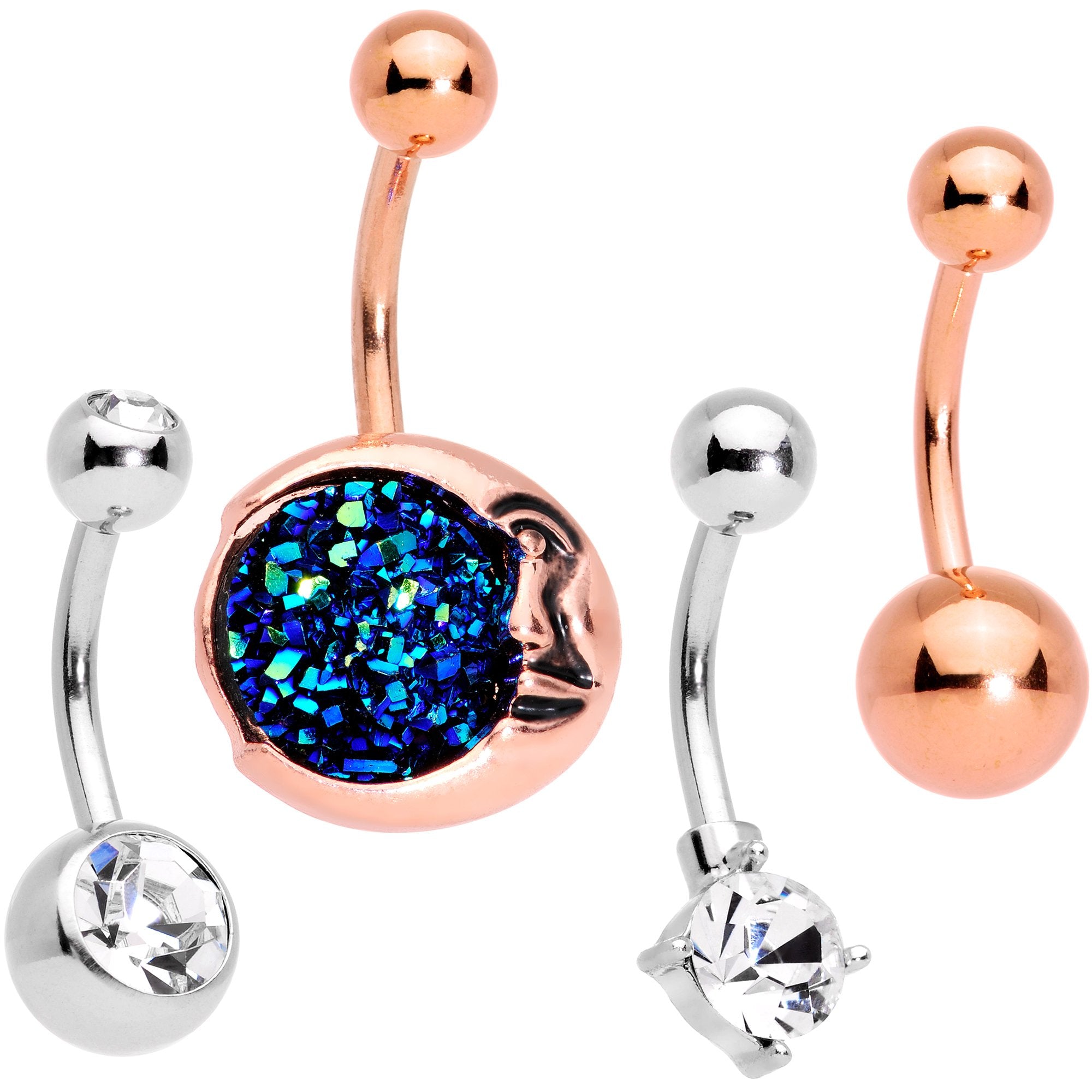 Clear Gem Blue Faux Druzy Rose Gold Tone Peaceful Moon Belly Ring Set