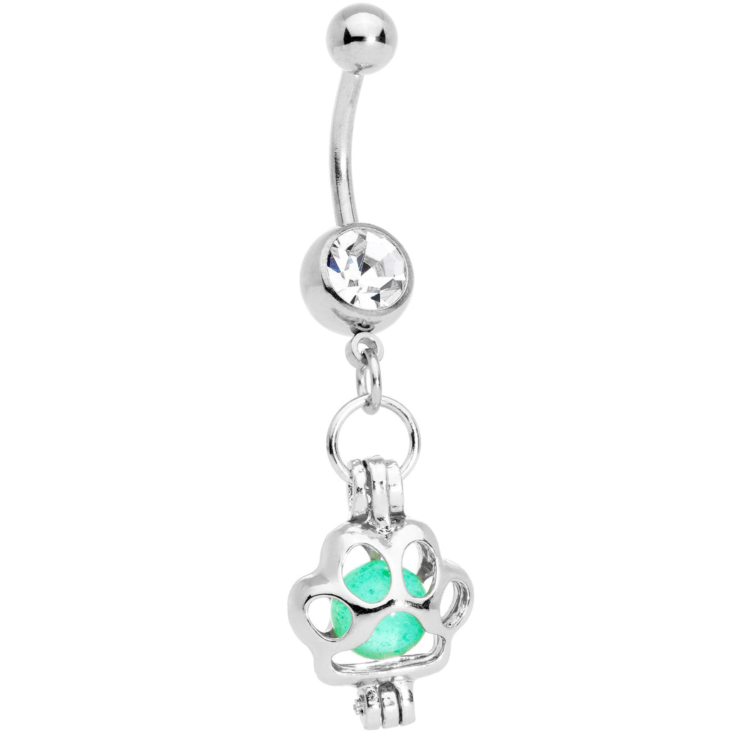Clear Gem Glow in the Dark Paw Print Dangle Belly Ring