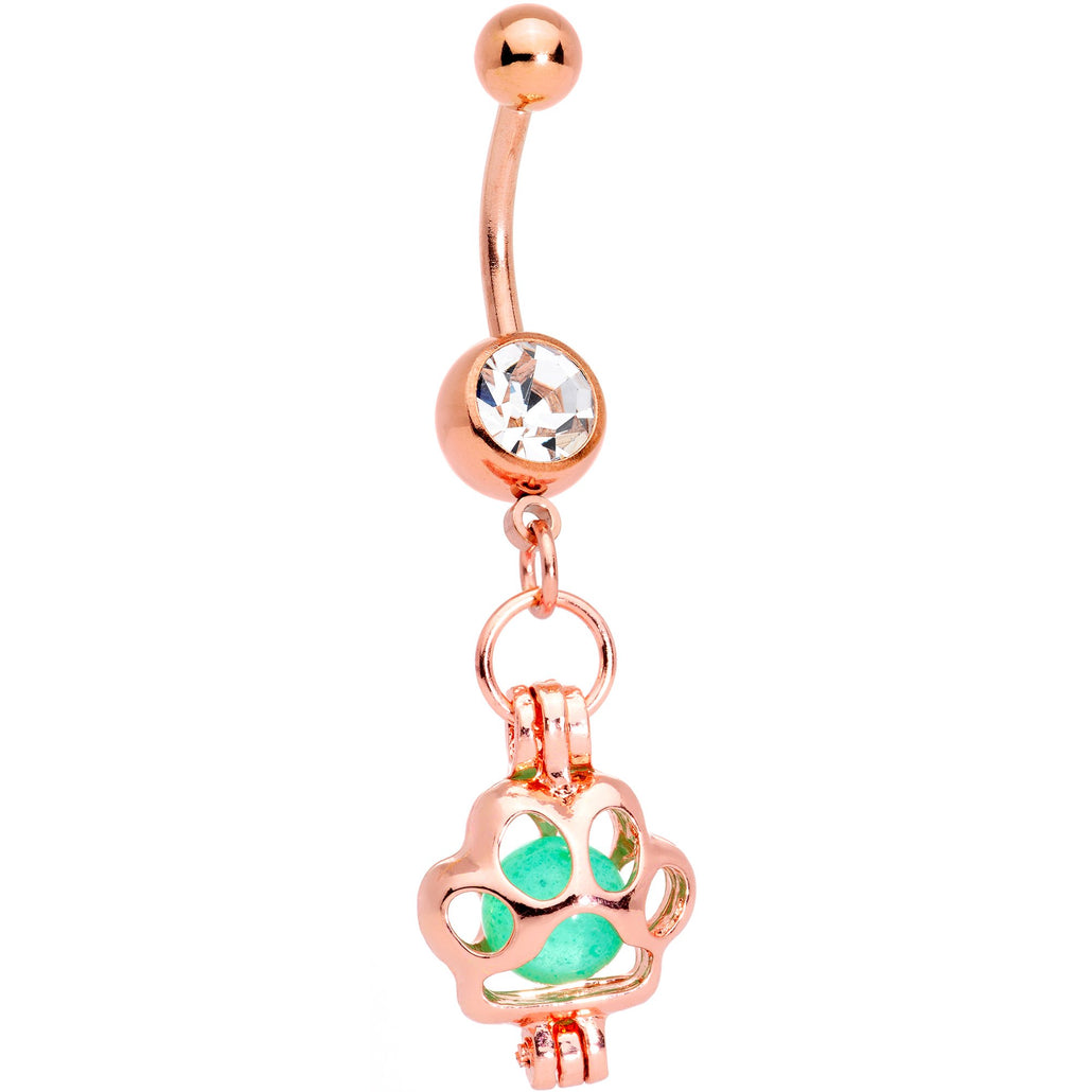 Clear Gem Rose Gold Tone Glow in the Dark Paw Print Dangle Belly Ring
