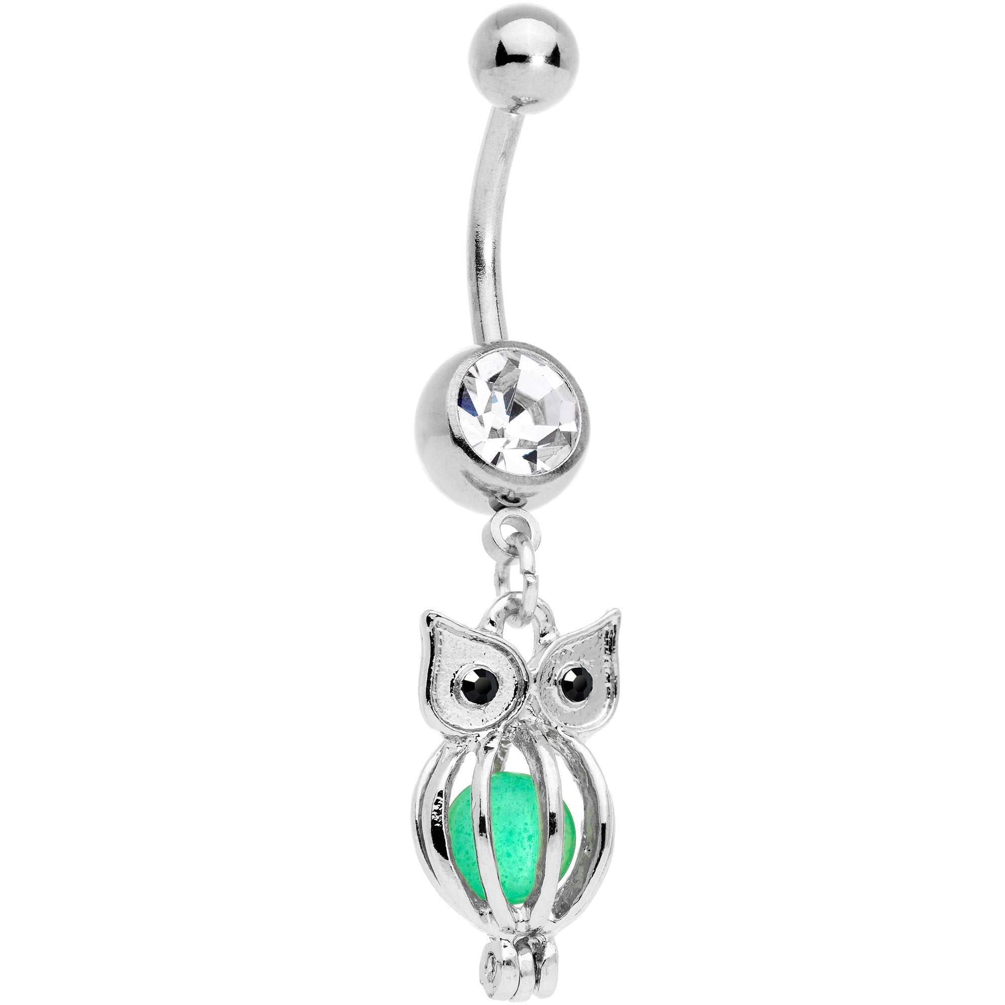 Black Clear Gem Glow in the Dark Owl Dangle Belly Ring