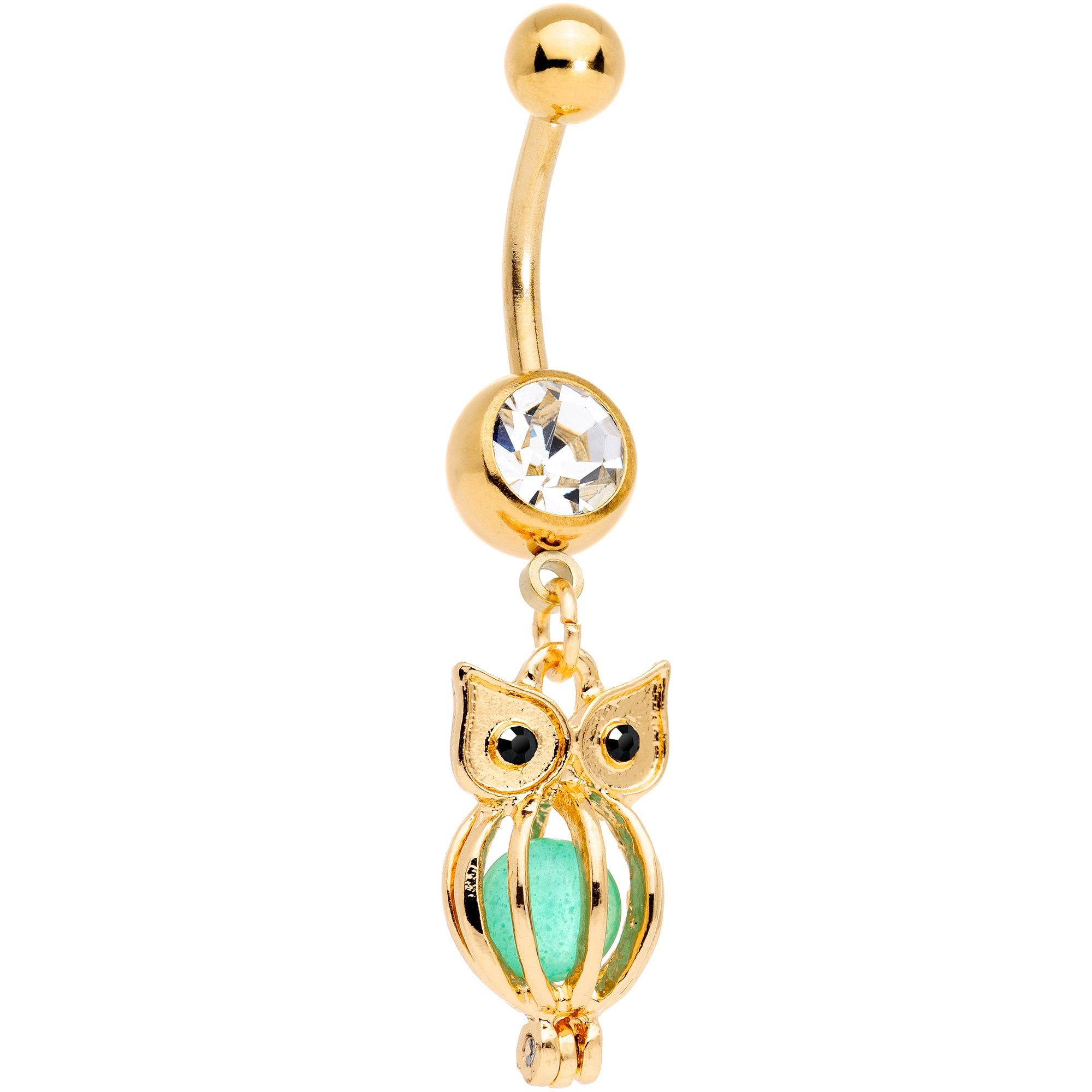 Black Clear Gem Gold Tone Glow in the Dark Owl Dangle Belly Ring