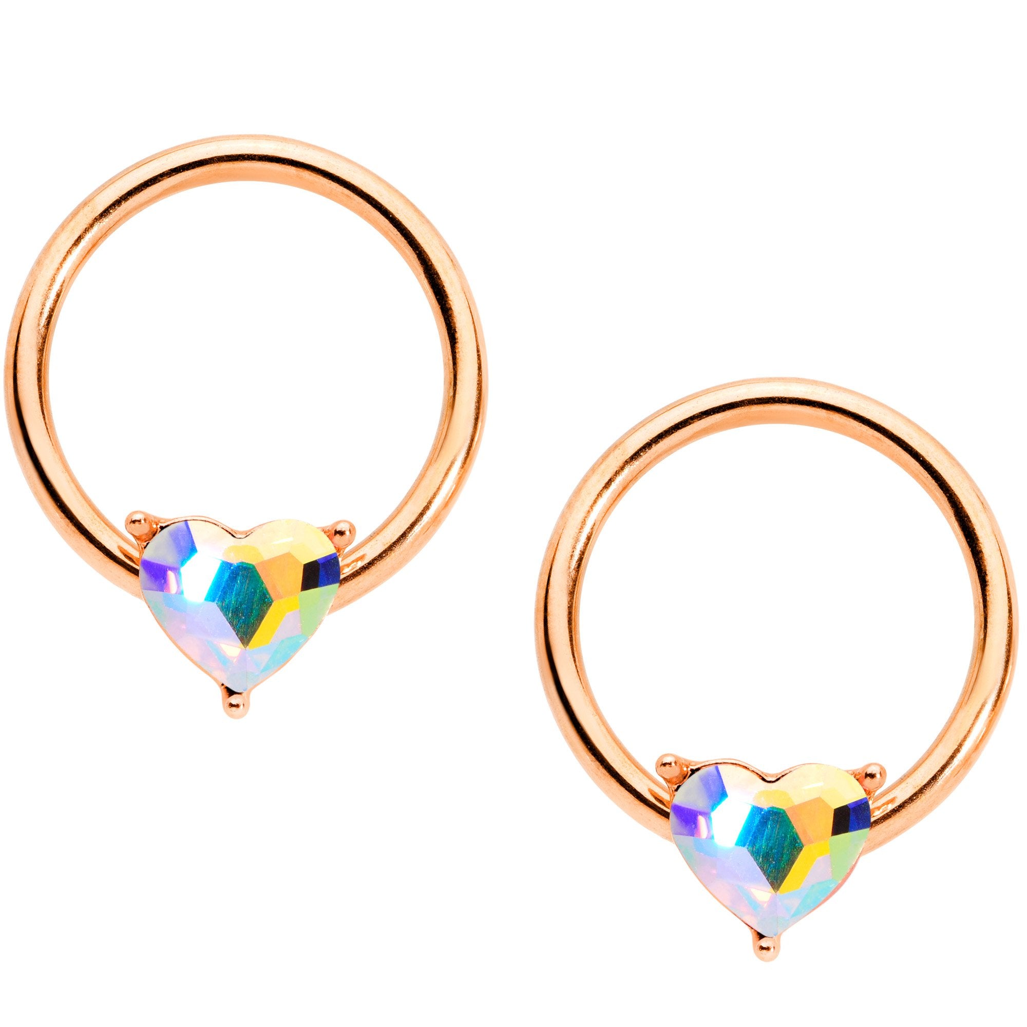 14G Aurora Gem Rose Gold Tone Heart BCR Barbell Nipple Ring Set