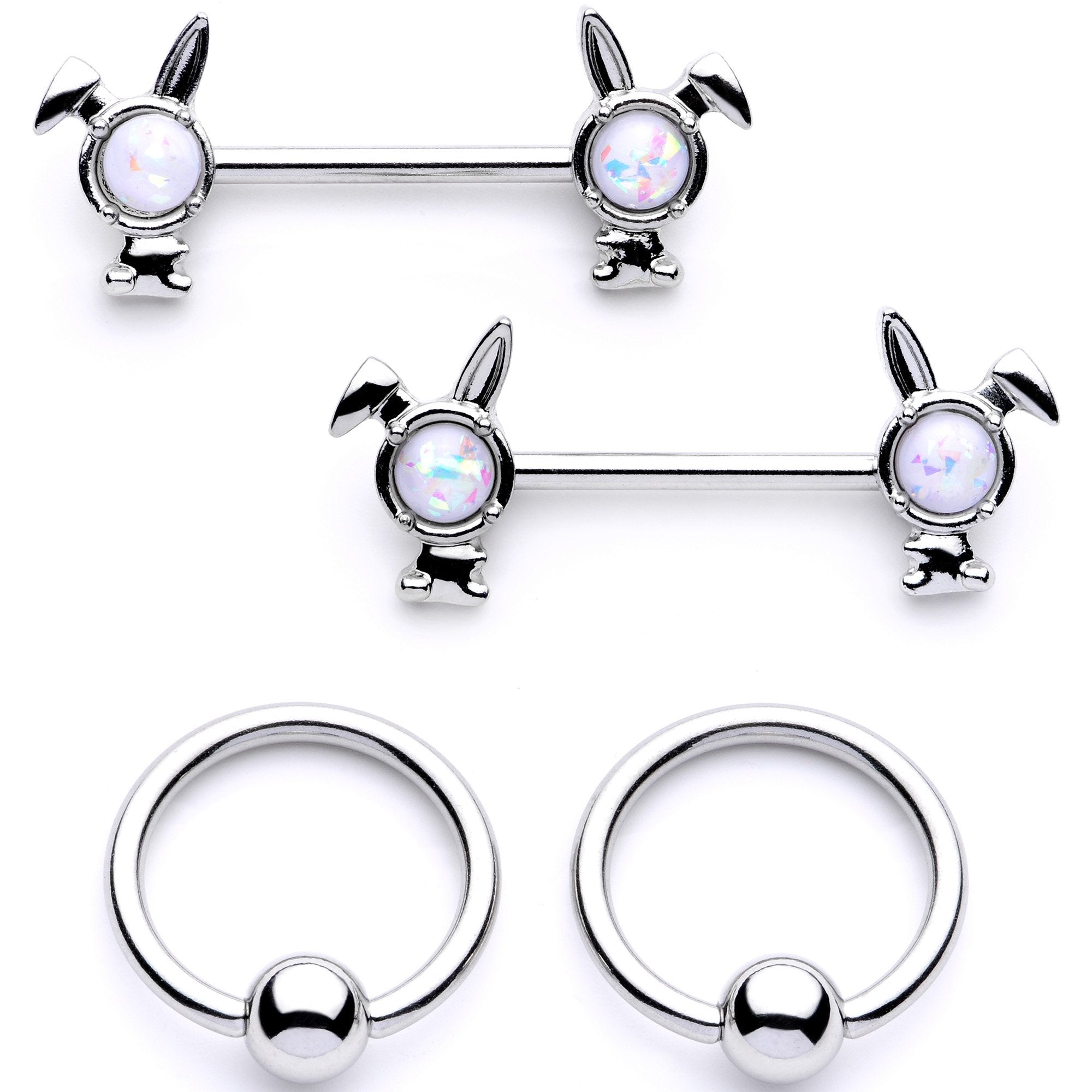14G 9/16 1/2 White Faux Opal Bunny BCR Barbell Nipple Ring Set