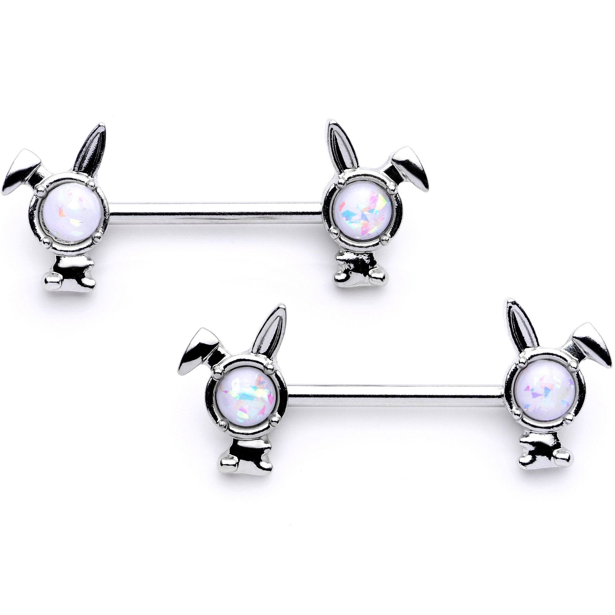 14G 9/16 1/2 White Faux Opal Bunny BCR Barbell Nipple Ring Set