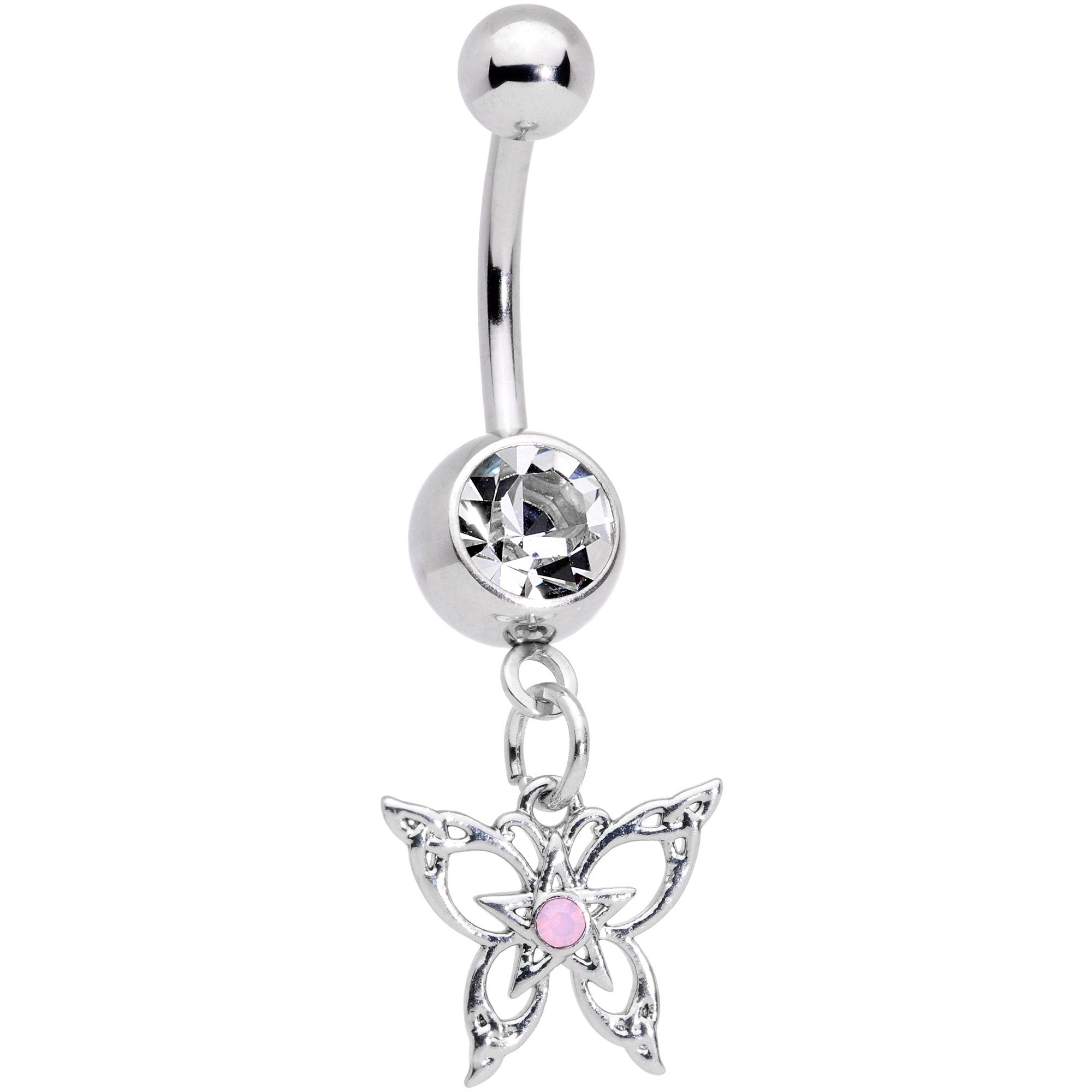 Pink Synthetic Opal Clear Gem Lacy Butterfly Dangle Belly Ring