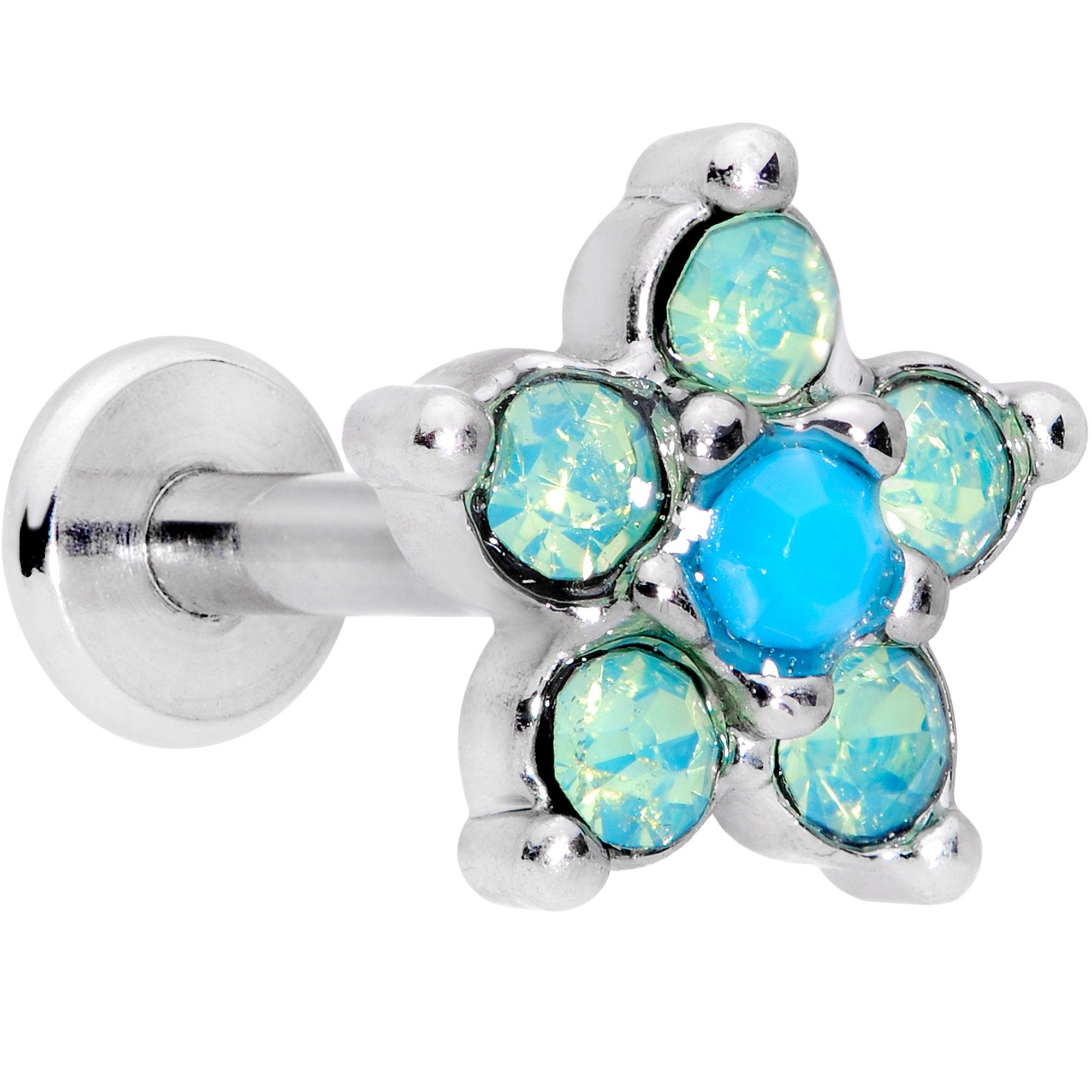 16 Gauge 5/16 Blue Faux Opal Internally Threaded Flower Labret