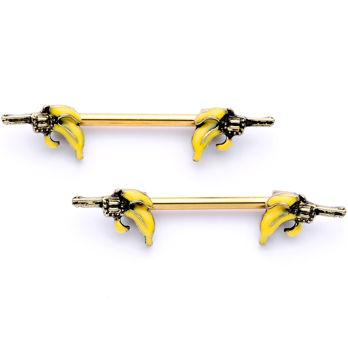 14 Gauge 9/16 Gold Tone Banana Peel Gun Barbell Nipple Ring Set
