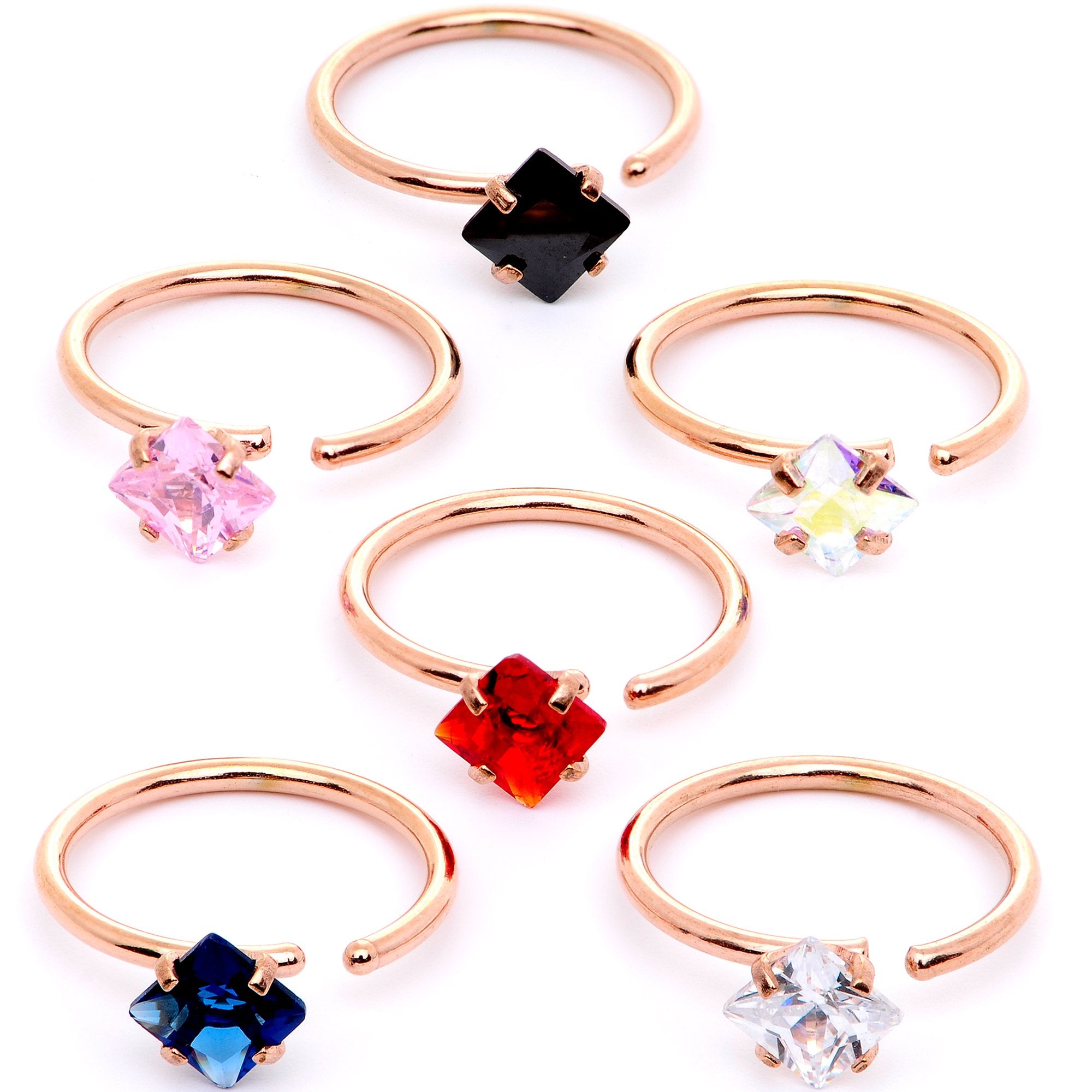 20G 5/16 Multicolor Single Gem Rose Gold Tone Nose Hoop Set of 6