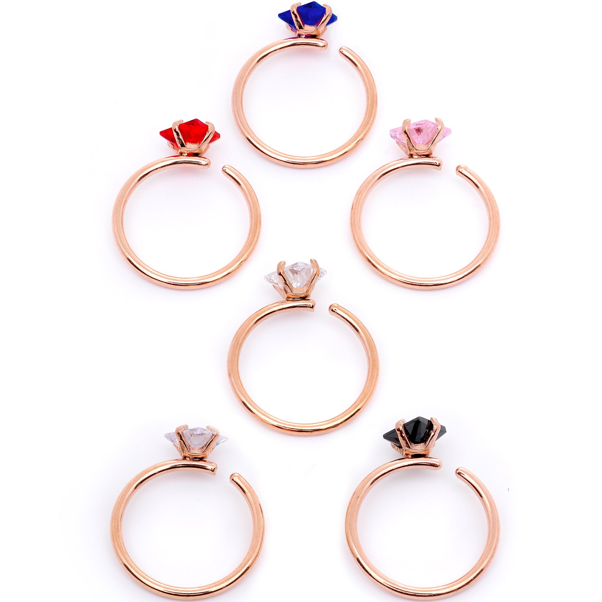 20G 5/16 Multicolor Single Gem Rose Gold Tone Nose Hoop Set of 6