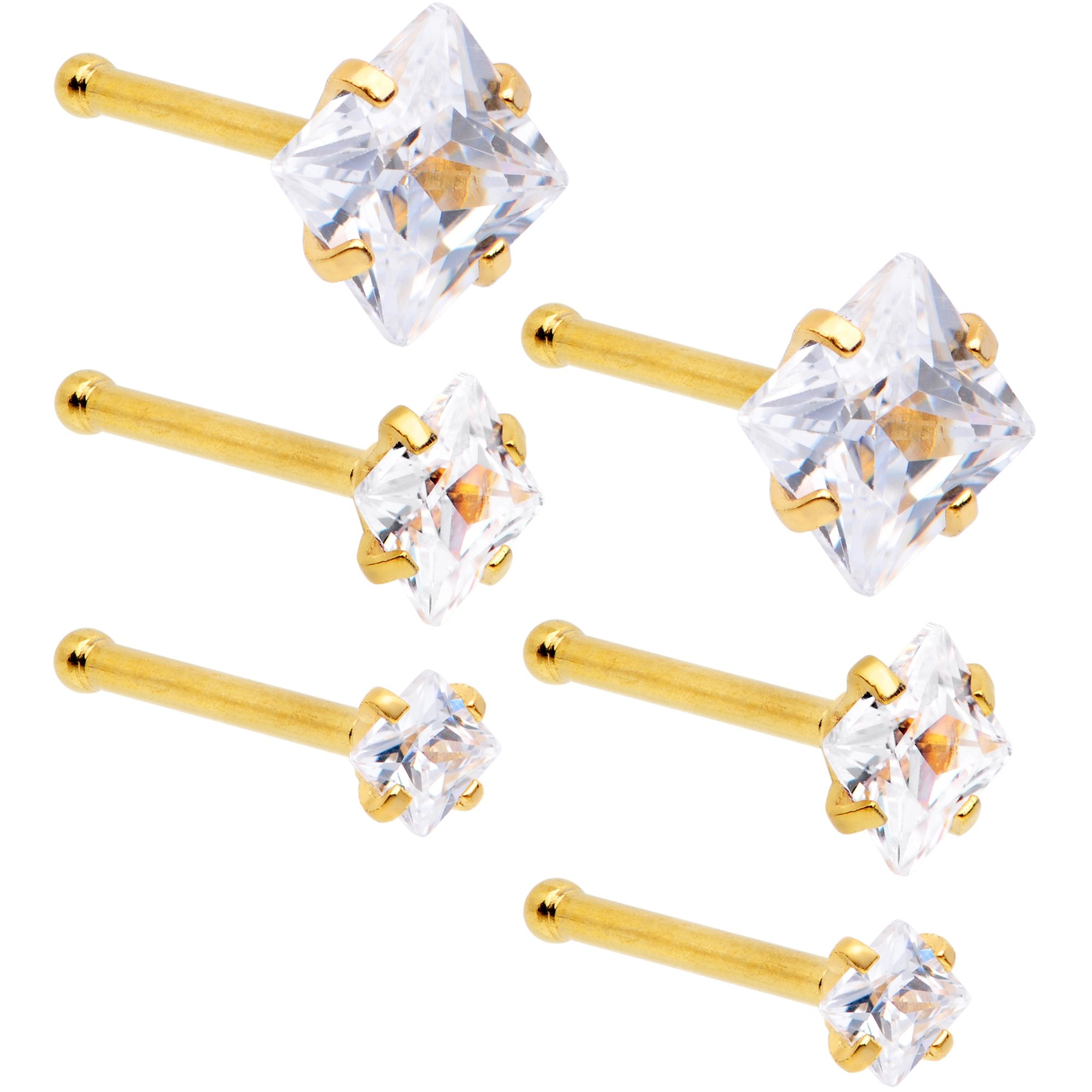 20G 1/4 Clear Square Gem Gold Tone Nose Bone Set of 6