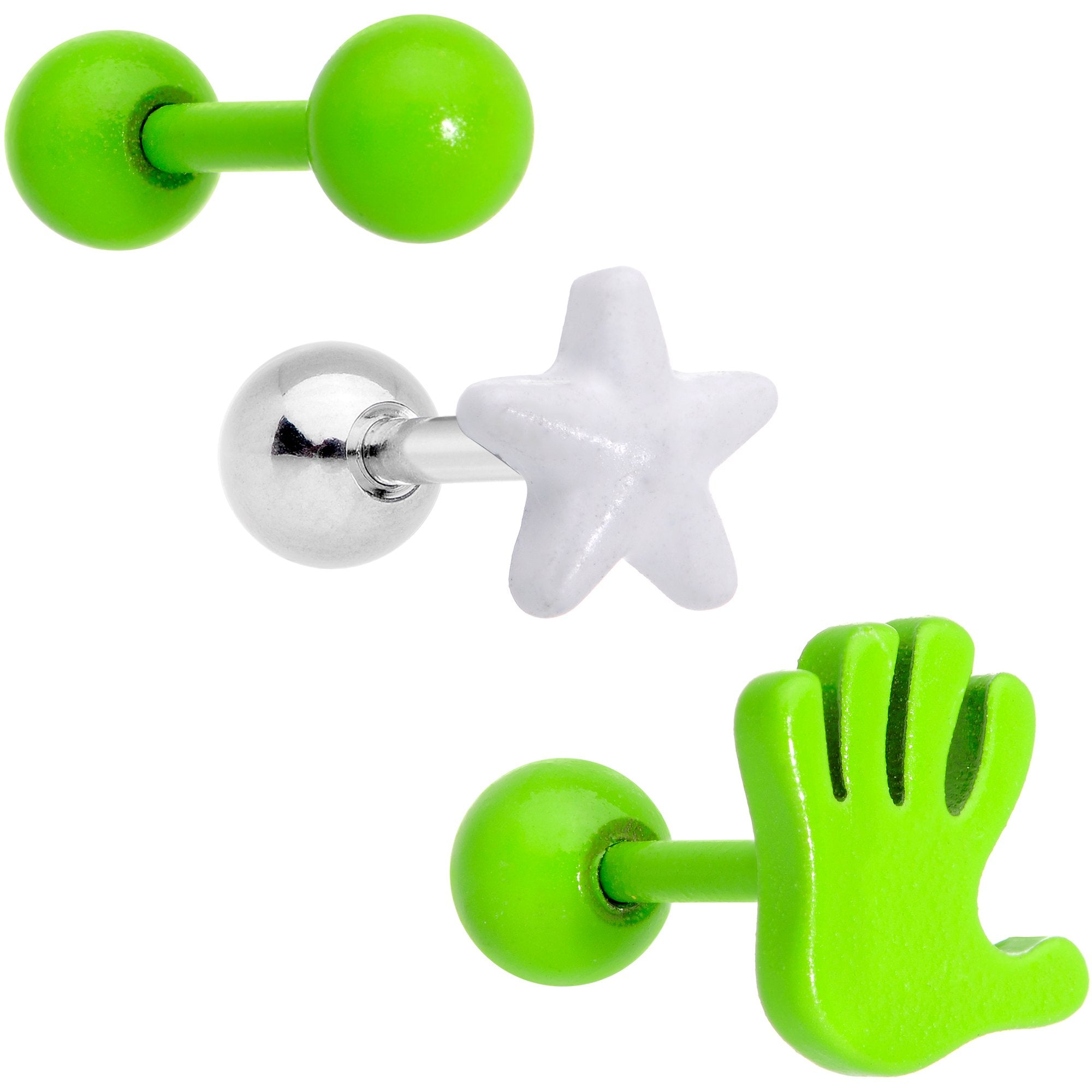 16 Gauge 1/4 Green White Glow Star Hand Cartilage Earring Set of 3