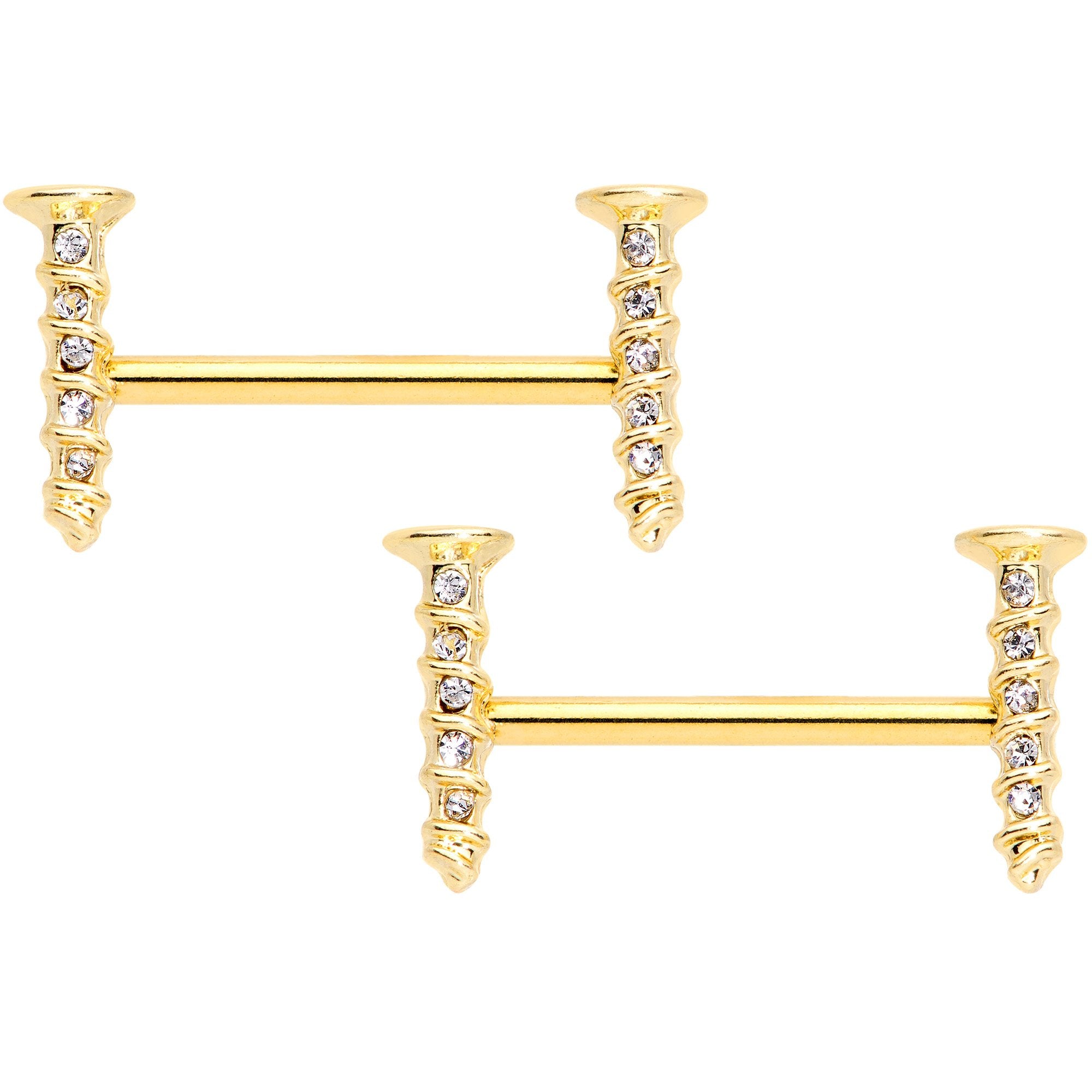 14G Clear Gem Gold Tone Screw Barbell Nipple Ring Set