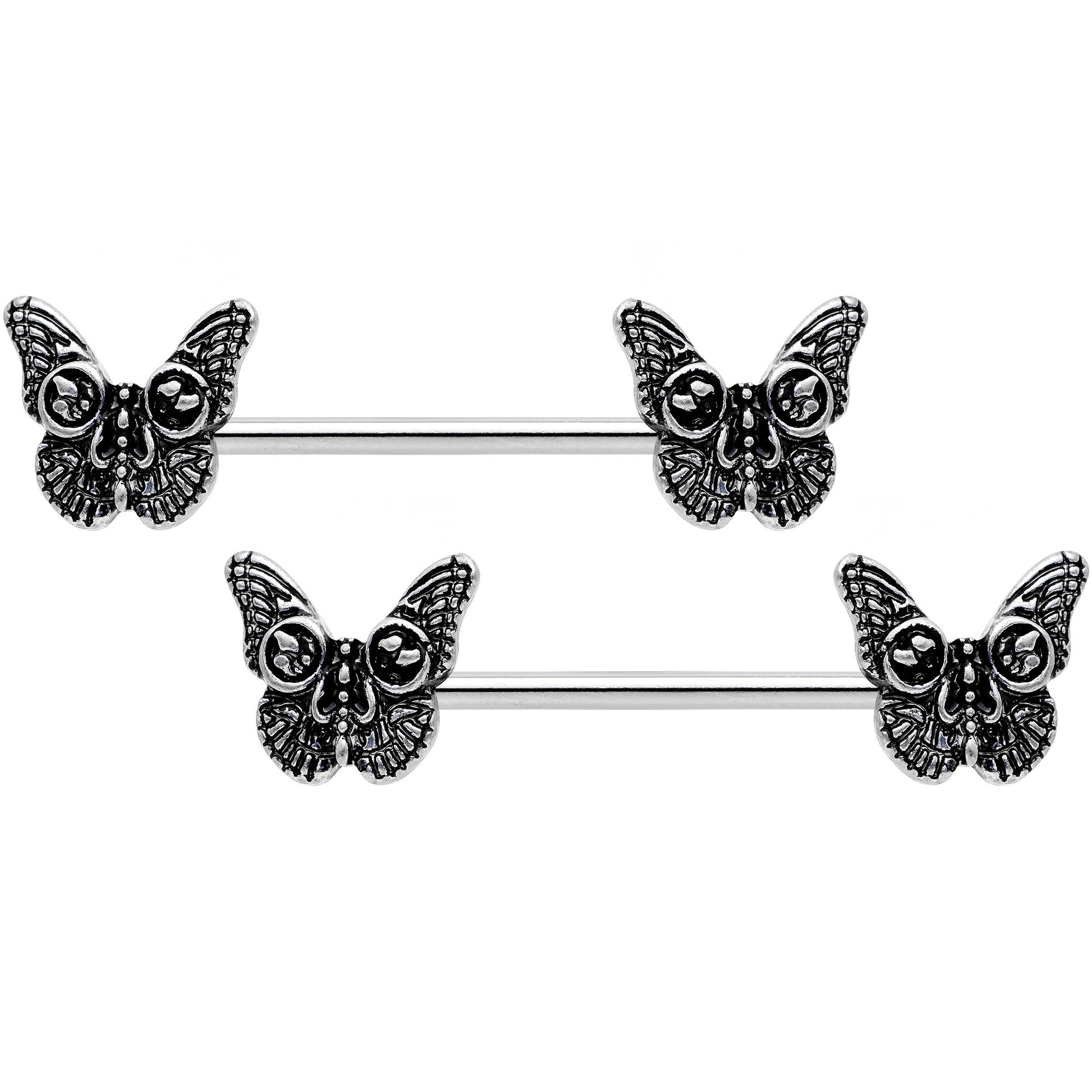 14G 9/16 Death Head Butterfly Barbell Nipple Ring Set
