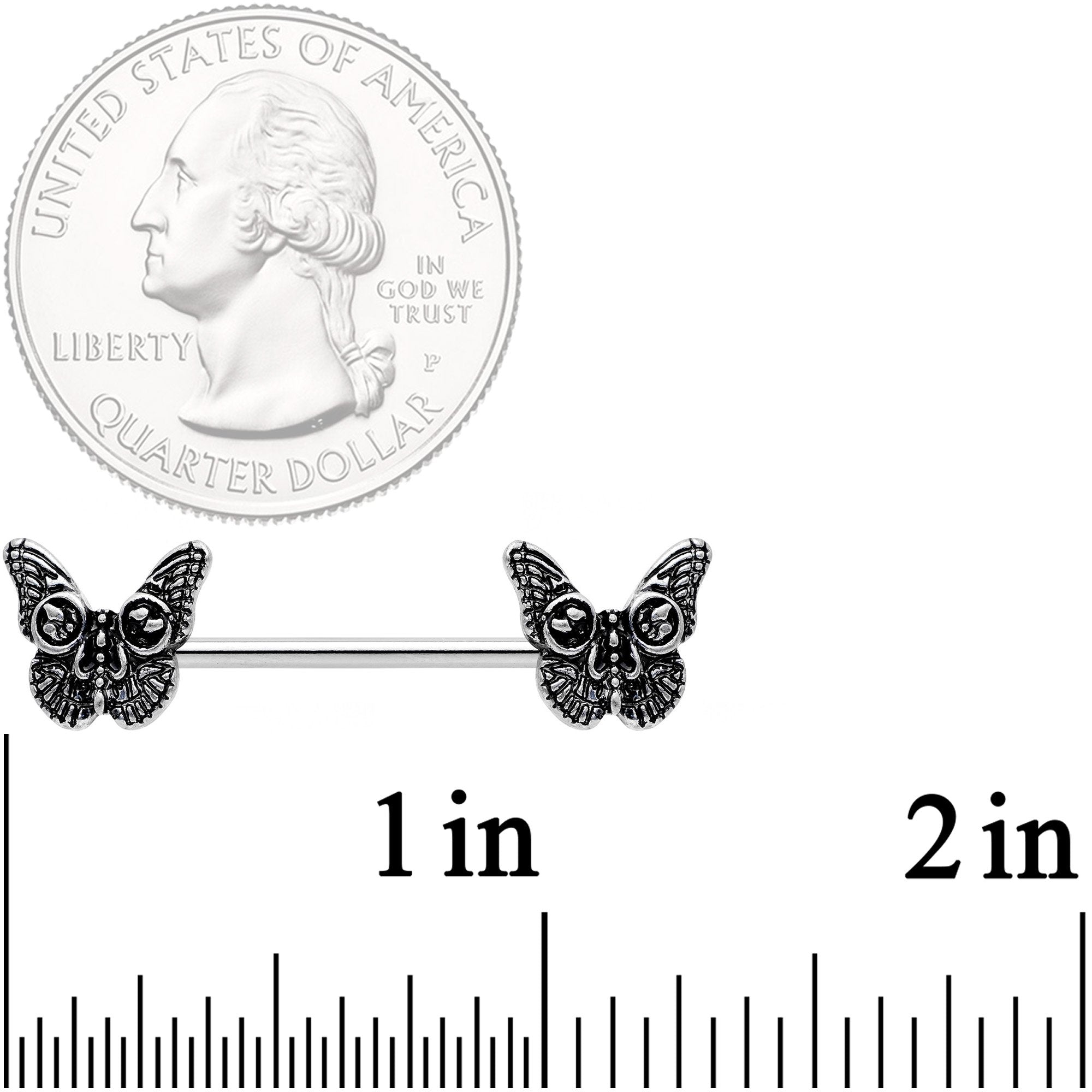 14G 9/16 Death Head Butterfly Barbell Nipple Ring Set