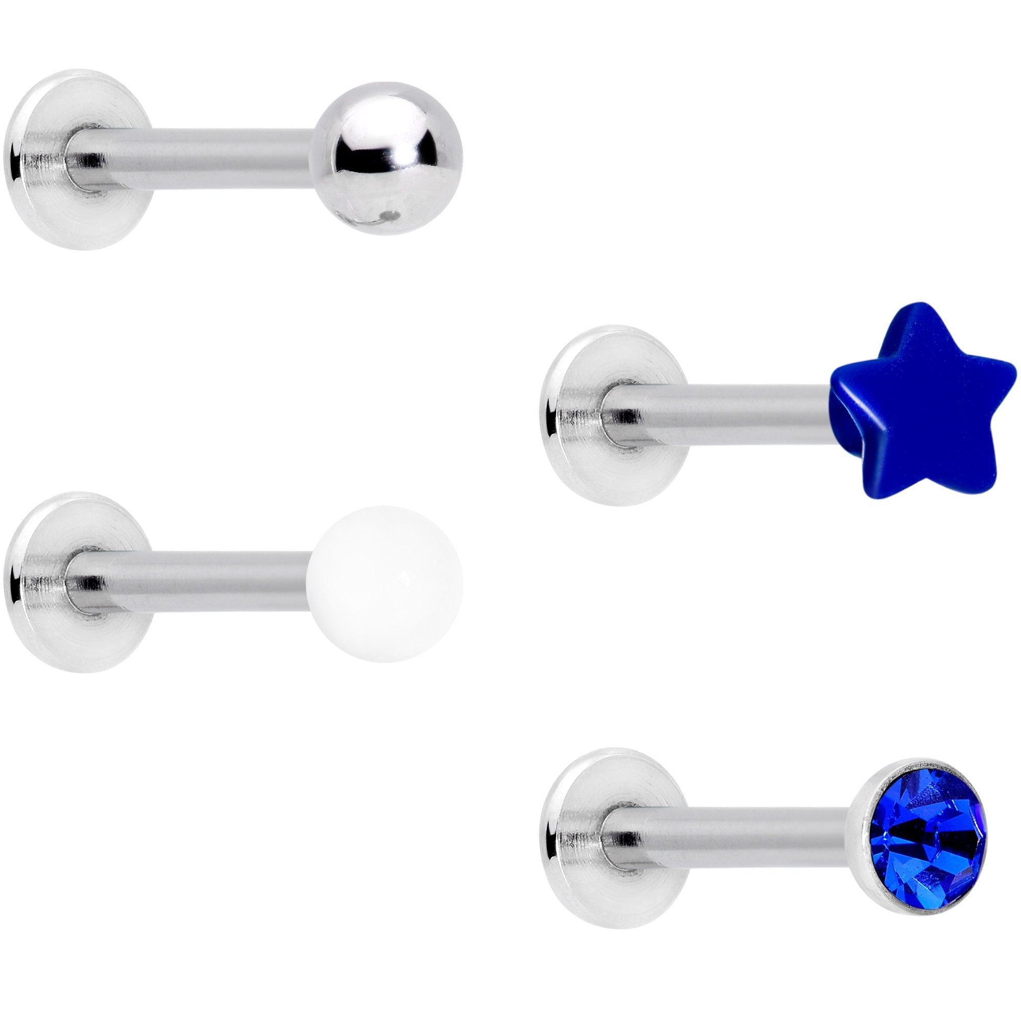 16G 3/8 Blue Gem Star Glow Internally Threaded Labret Set of 4
