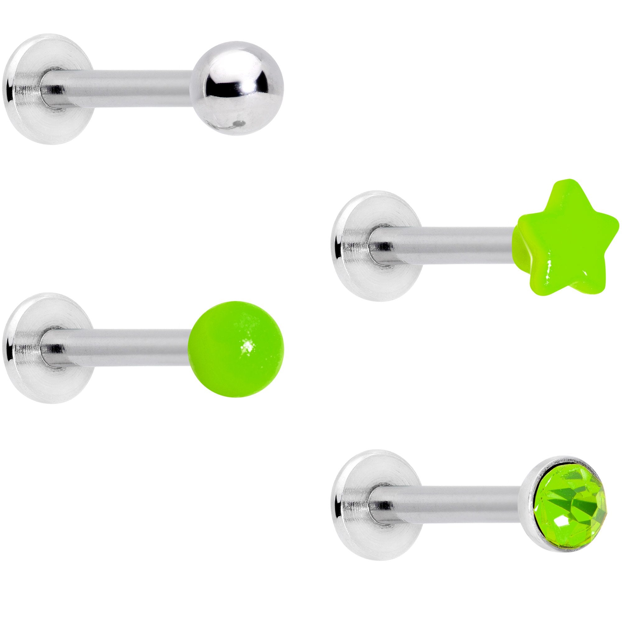 16G 3/8 Green Gem Star Glow Internally Threaded Labret Set of 4