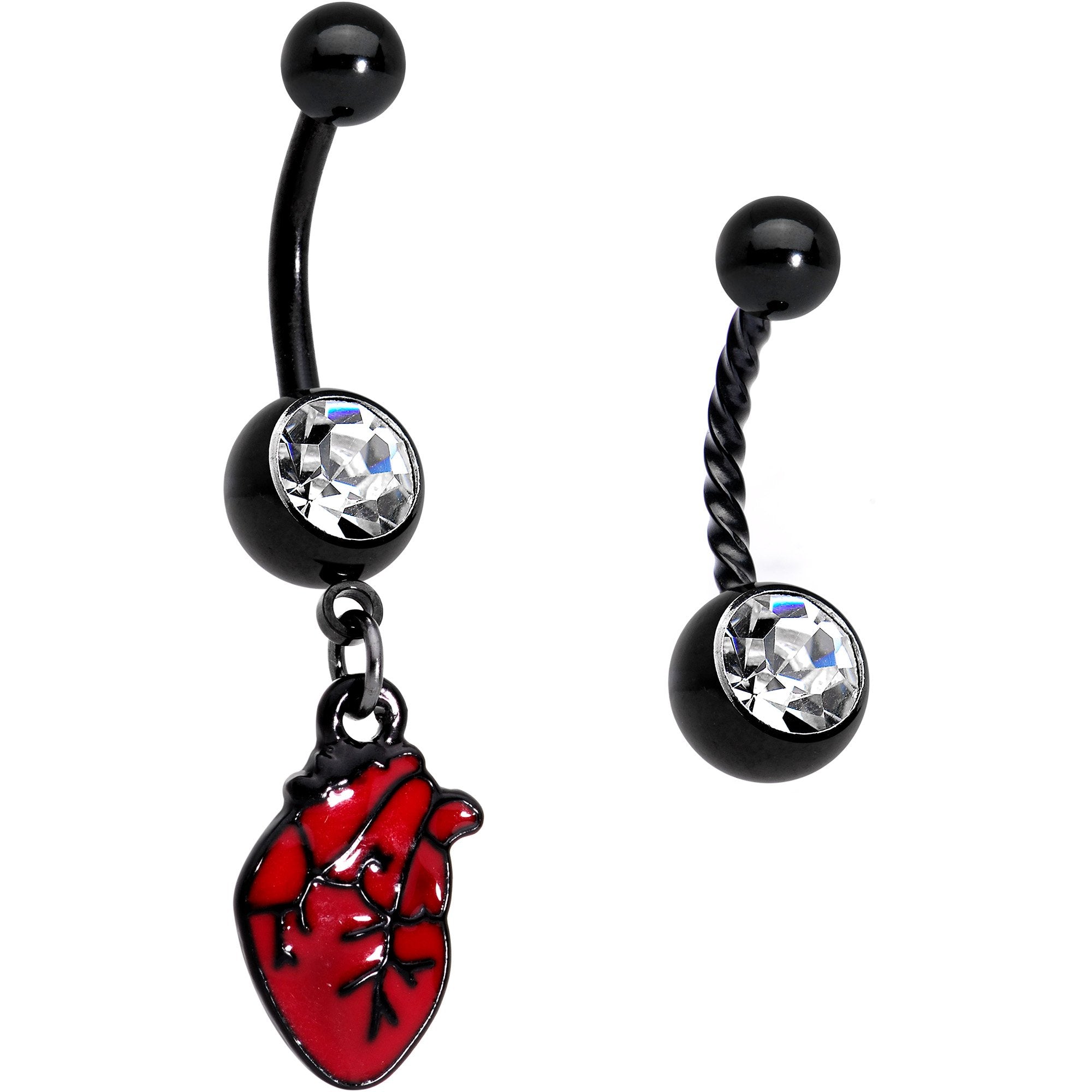 Clear Gem Black Twisted Red Anatomical Heart Belly Ring Set of 2