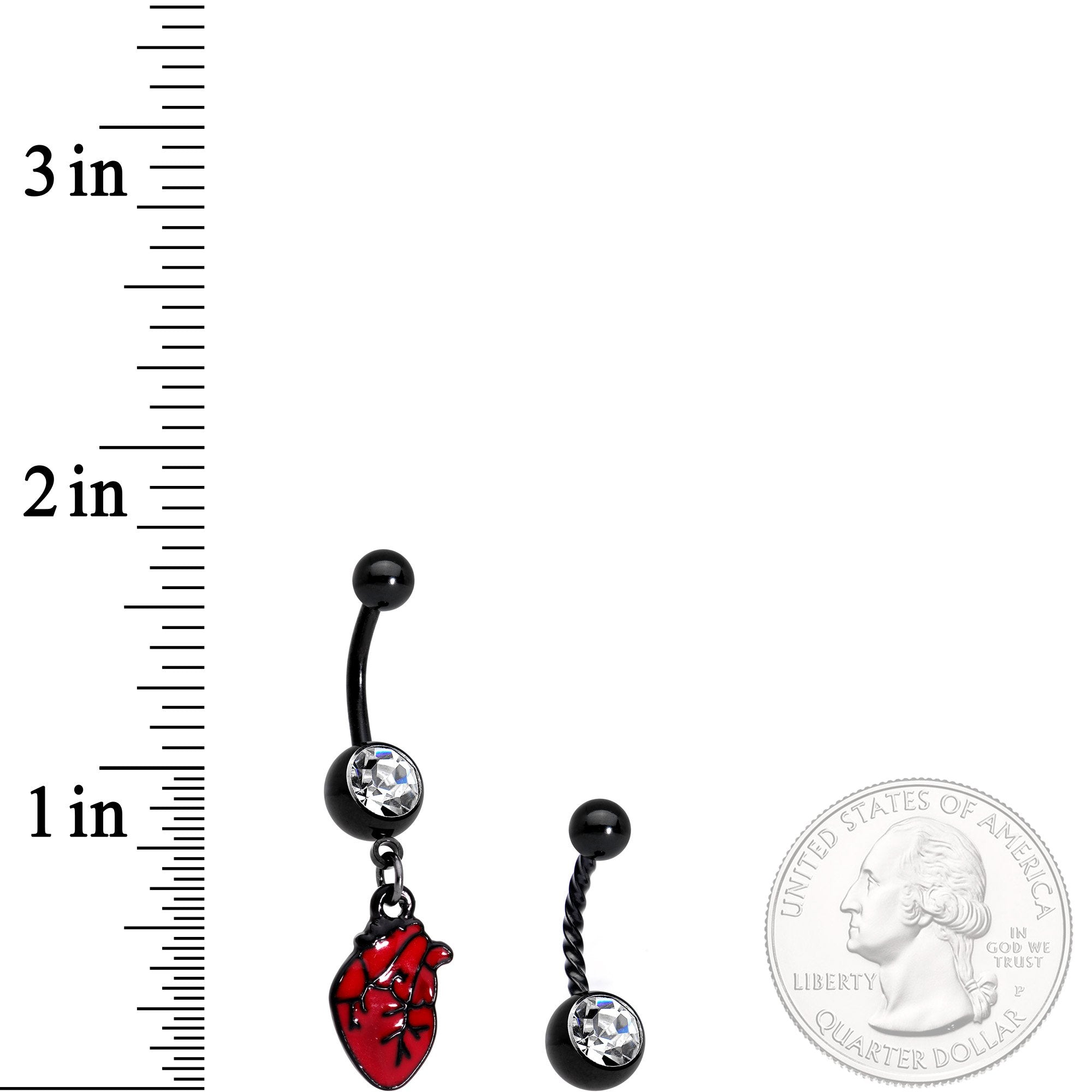 Clear Gem Black Twisted Red Anatomical Heart Belly Ring Set of 2