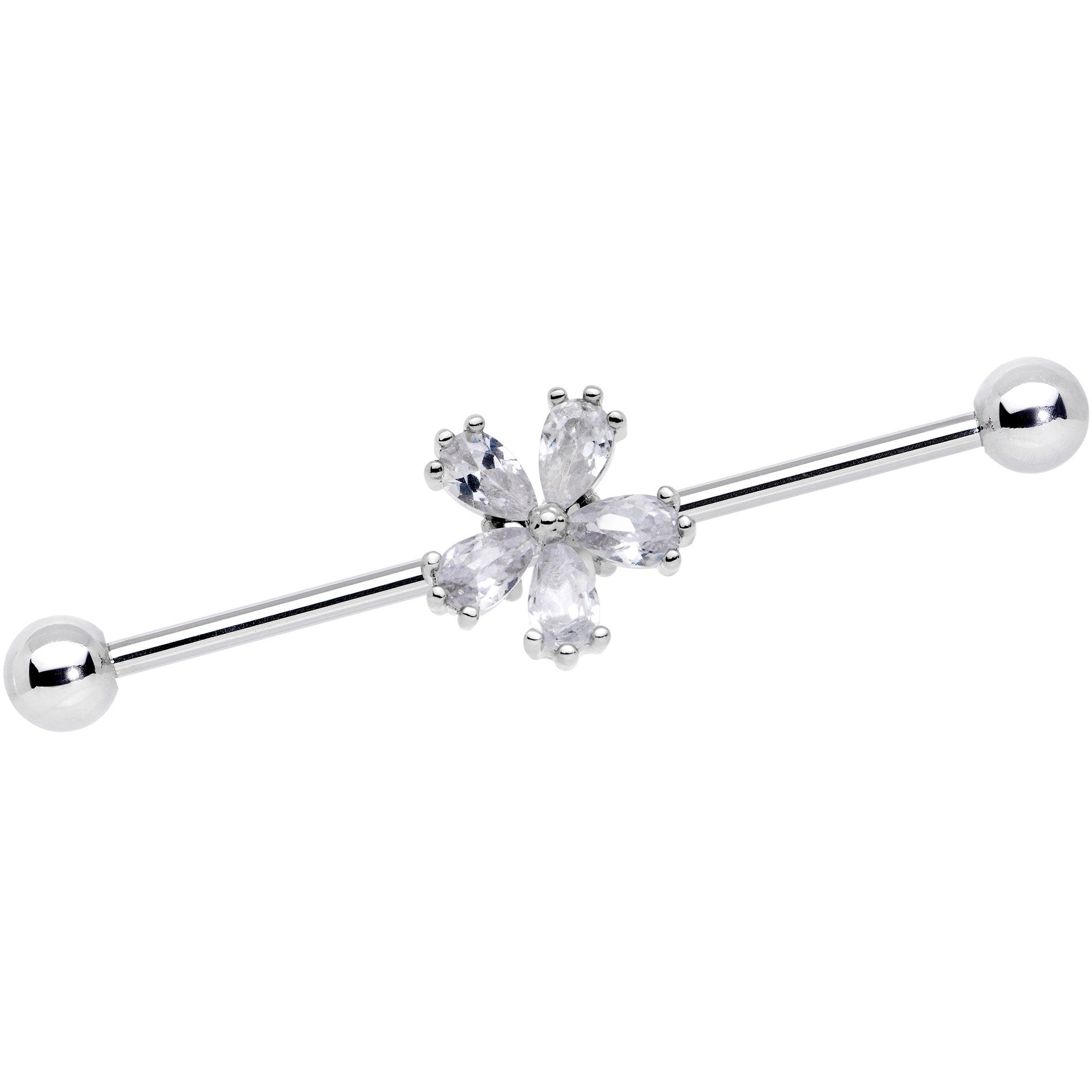 14G Clear CZ Gem Perfect Petals Flower Industrial Barbell 38mm