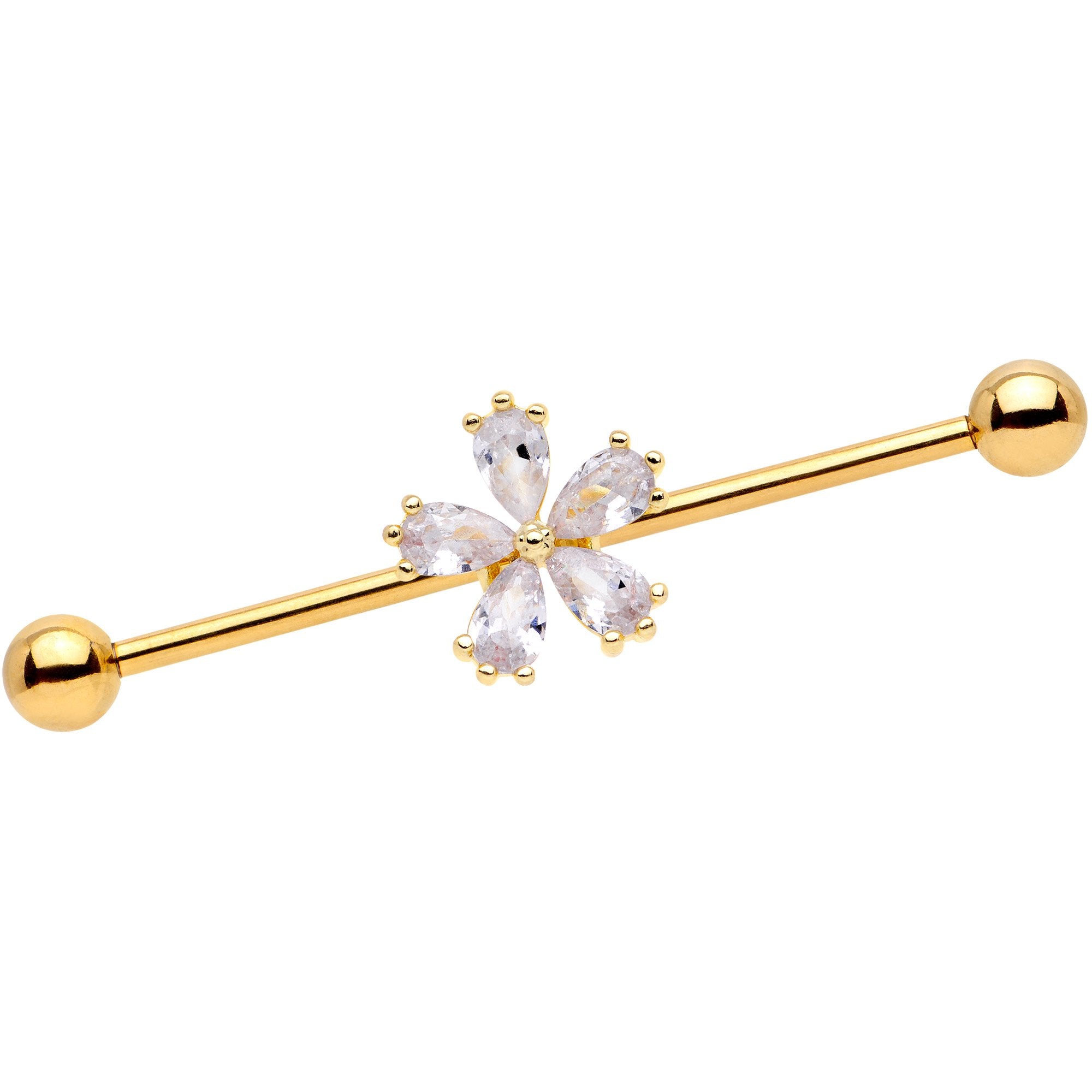 14G Clear CZ Gem Gold Tone Perfect Petals Flower Industrial Barbell 38mm