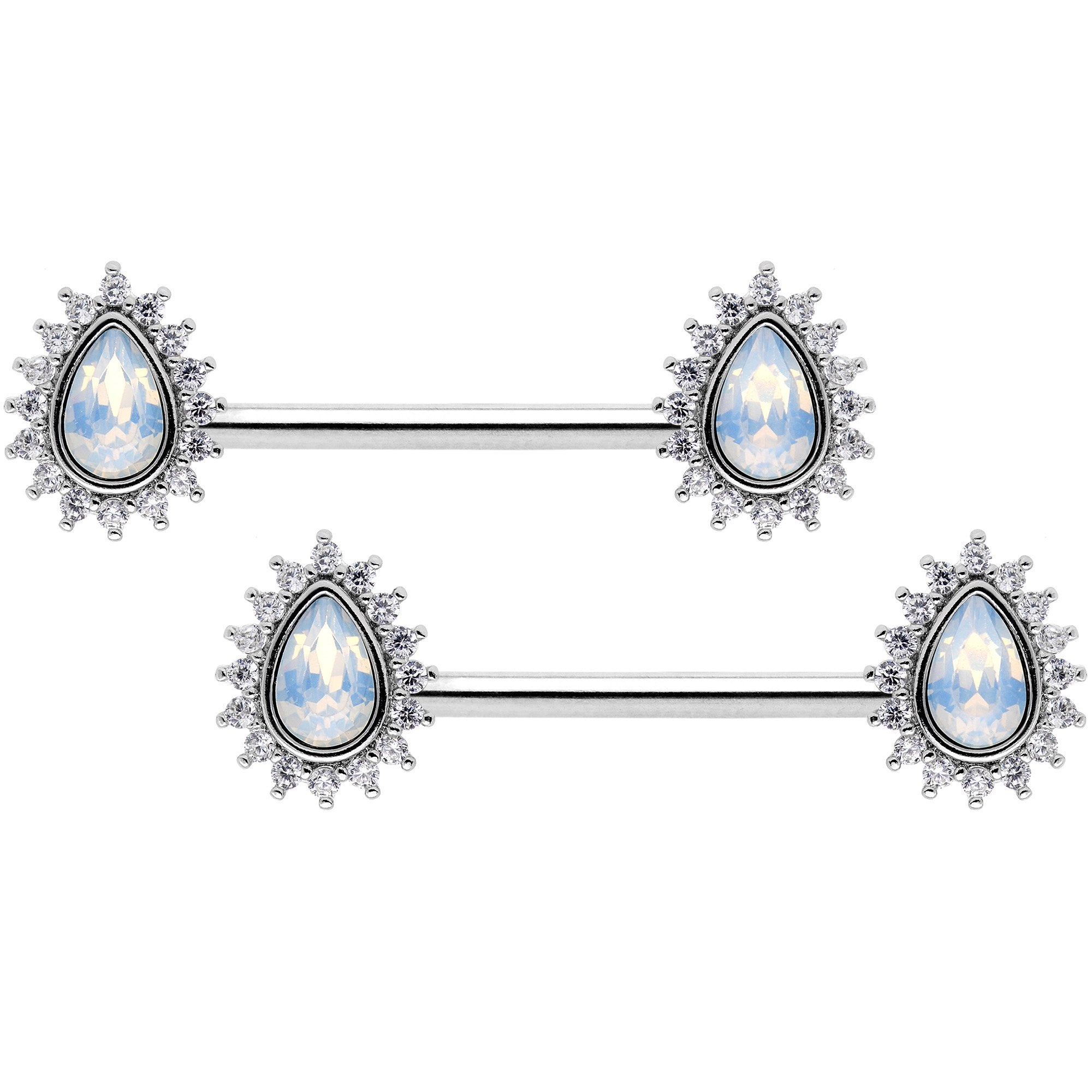 14G Clear CZ Gem White Faux Opal Tear Barbell Nipple Ring Set