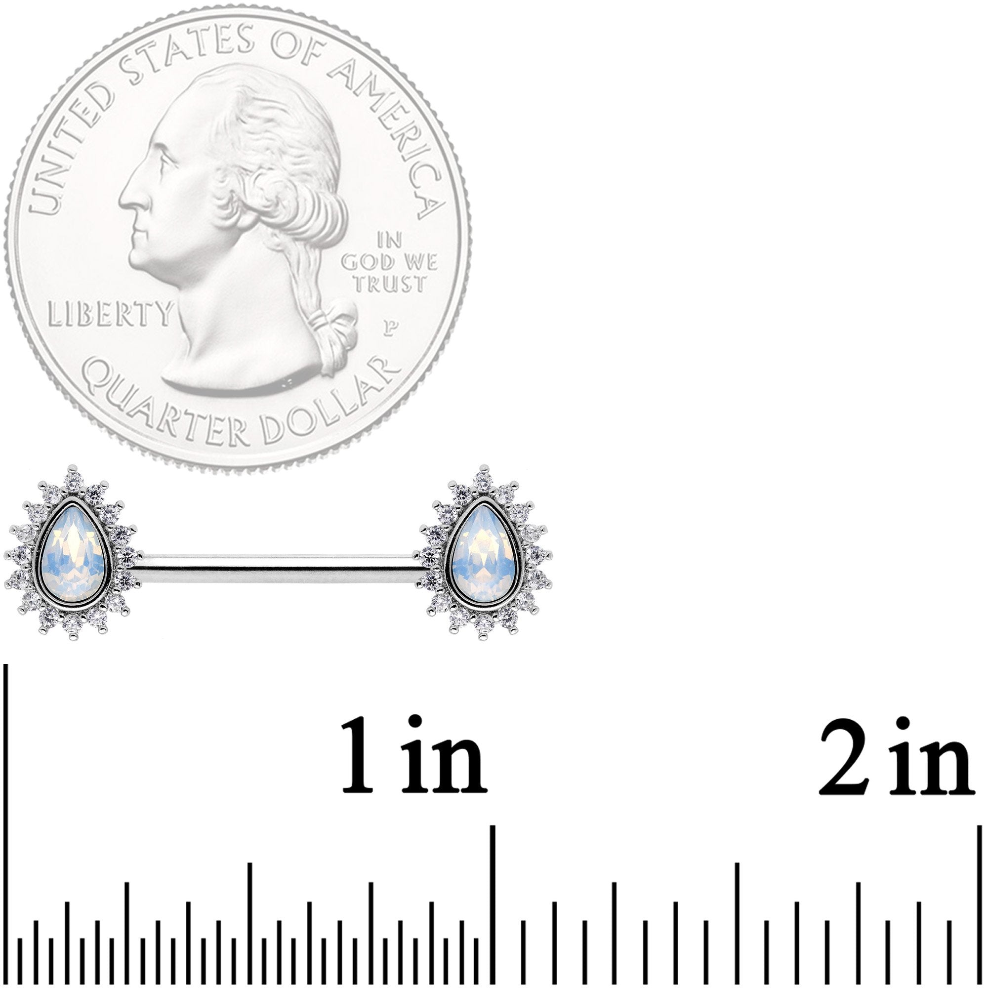 14 Gauge Clear CZ Gem White Faux Opal Tear Barbell Nipple Ring Set