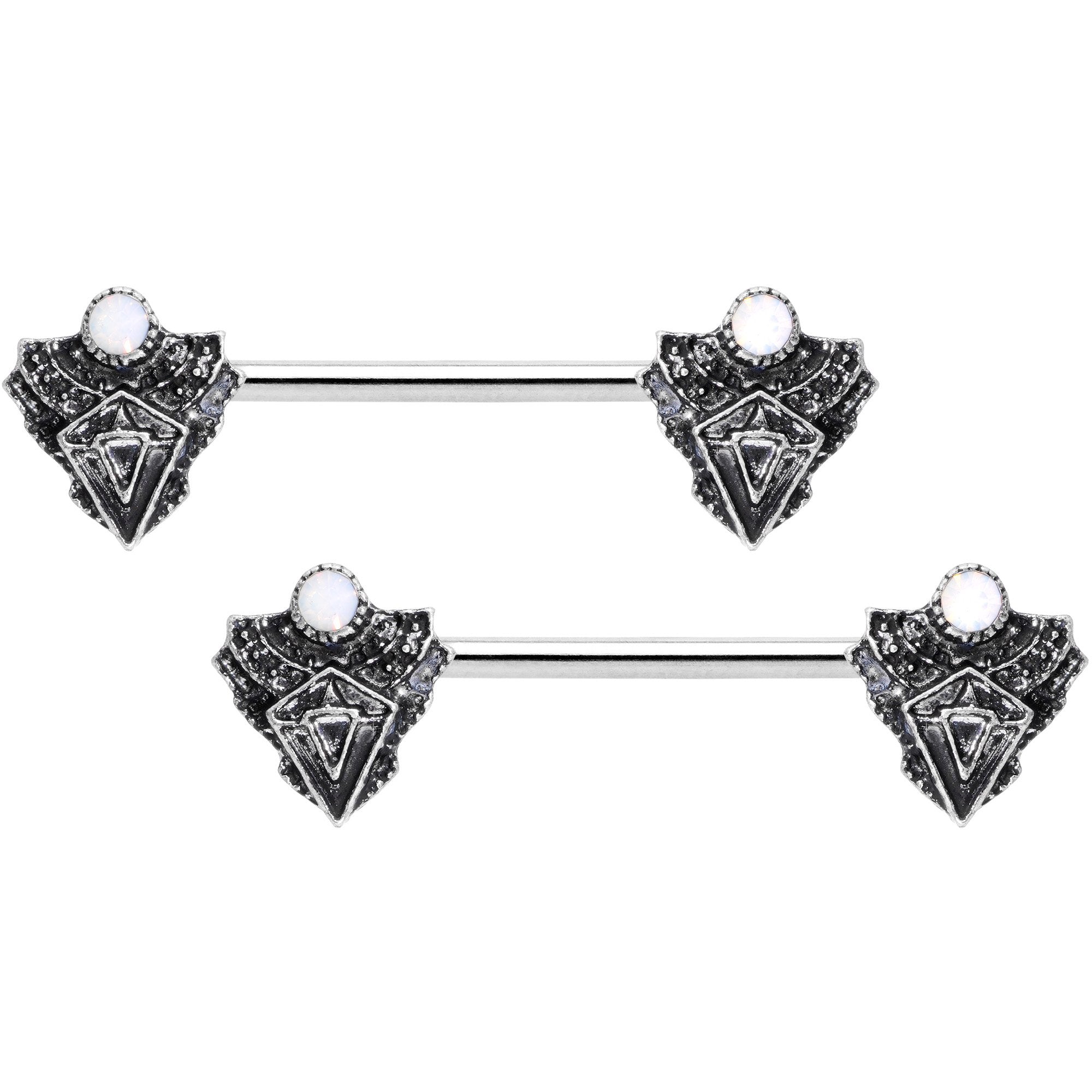 14 Gauge 9/16 White Faux Opal Retro Triangle Barbell Nipple Ring Set