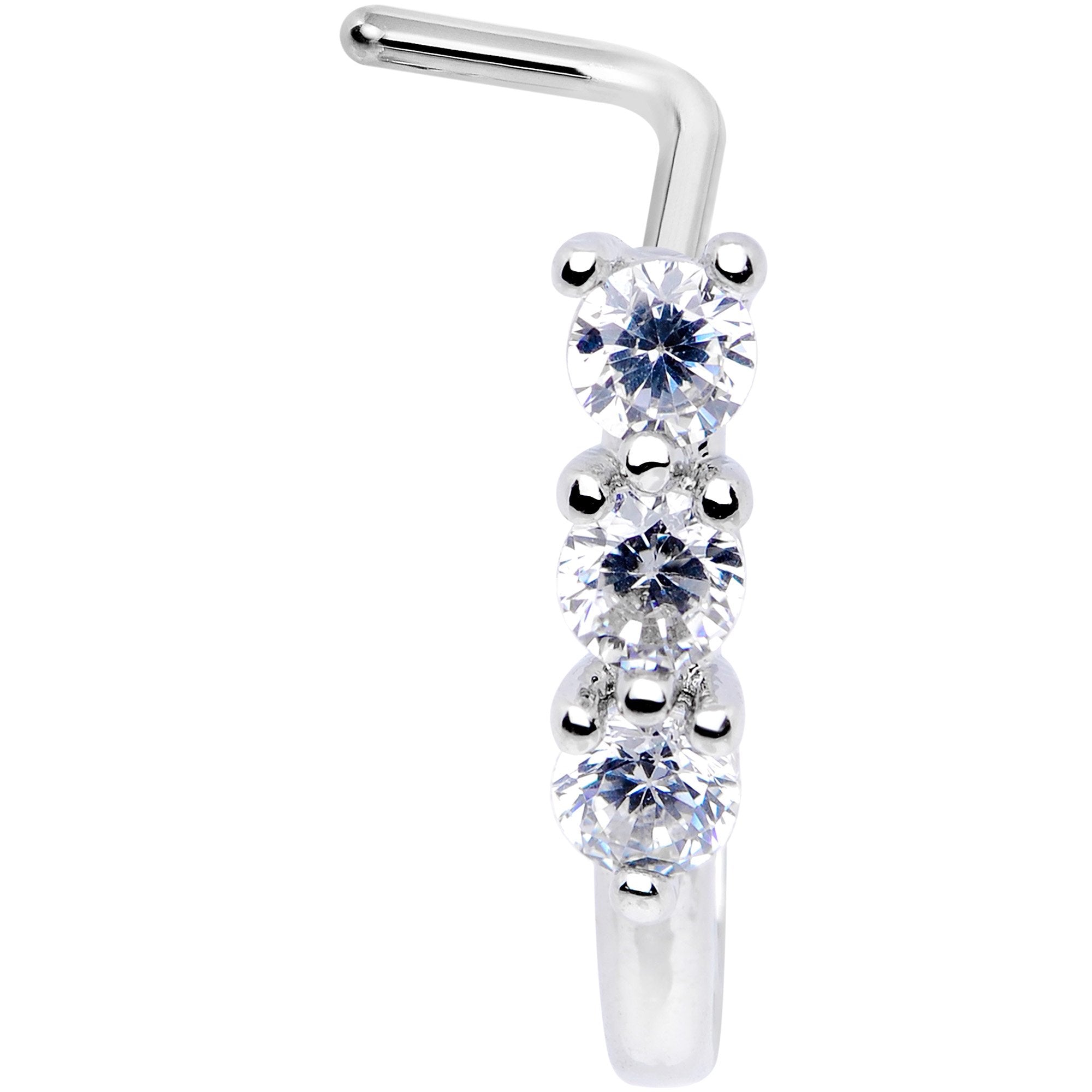 20G Clear CZ Gem Trio Hearts Faux Hoop L Shaped Nose Ring