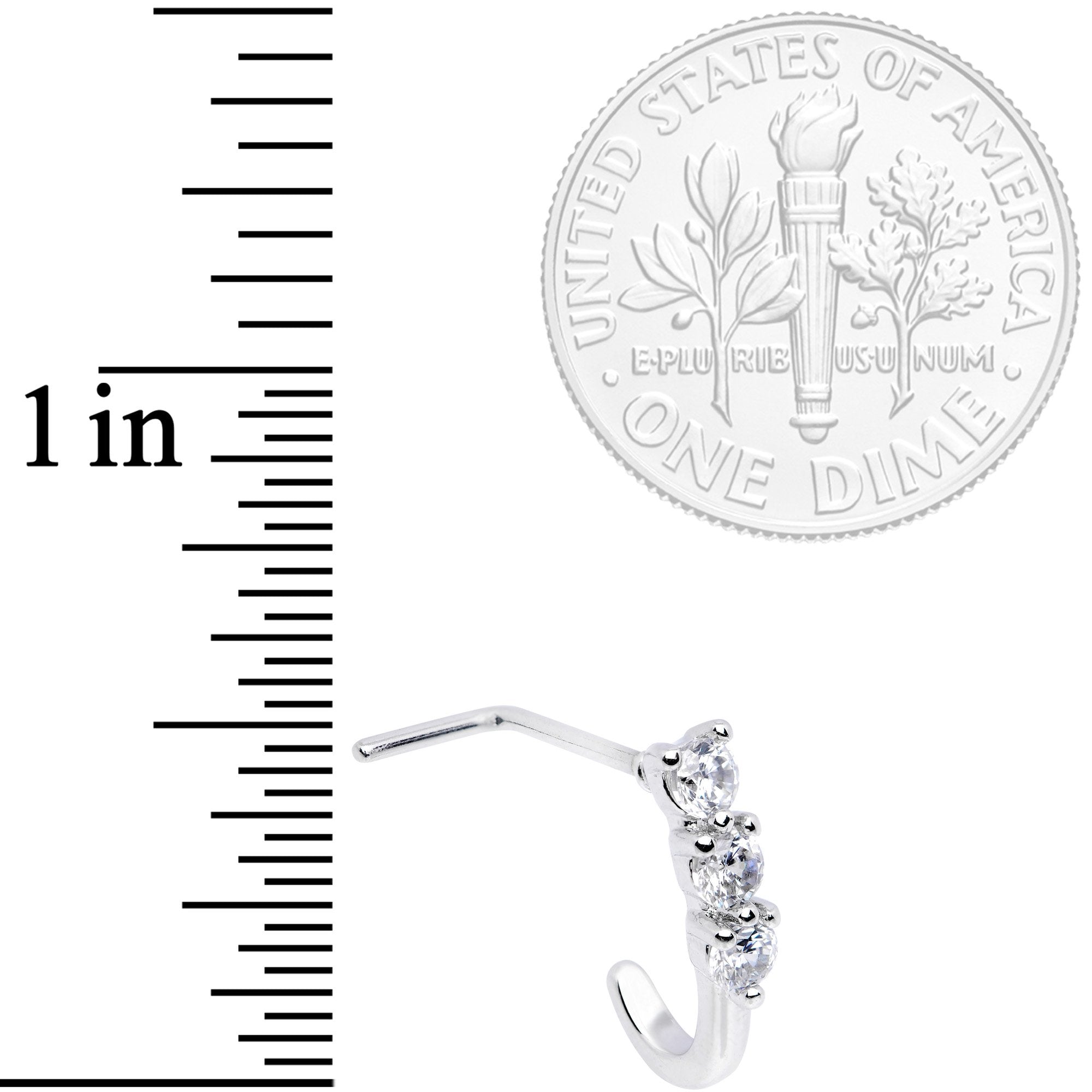 20G Clear CZ Gem Trio Hearts Faux Hoop L Shaped Nose Ring