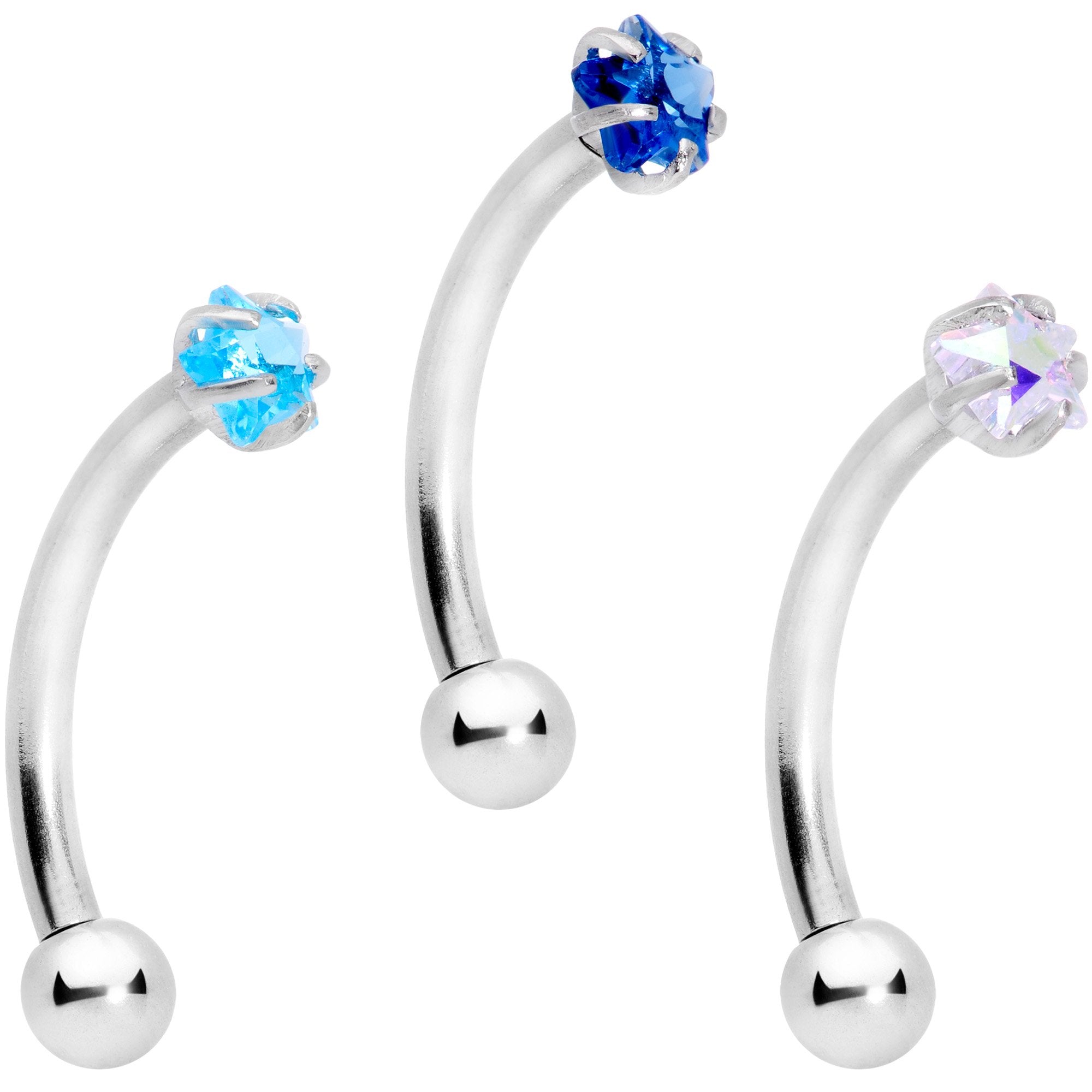 16G 3/8 Blues Clear CZ Star Gem Curved Eyebrow Ring Set of 3