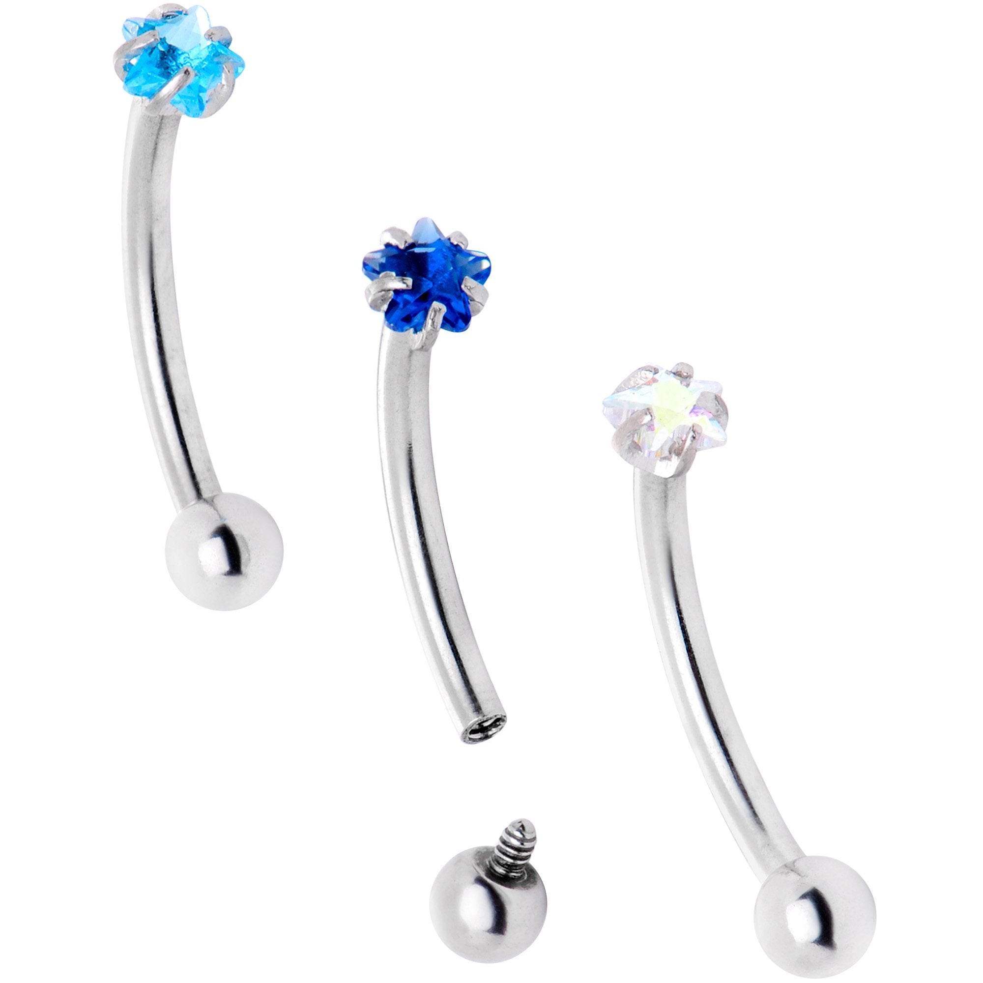 16G 3/8 Blues Clear CZ Star Gem Curved Eyebrow Ring Set of 3