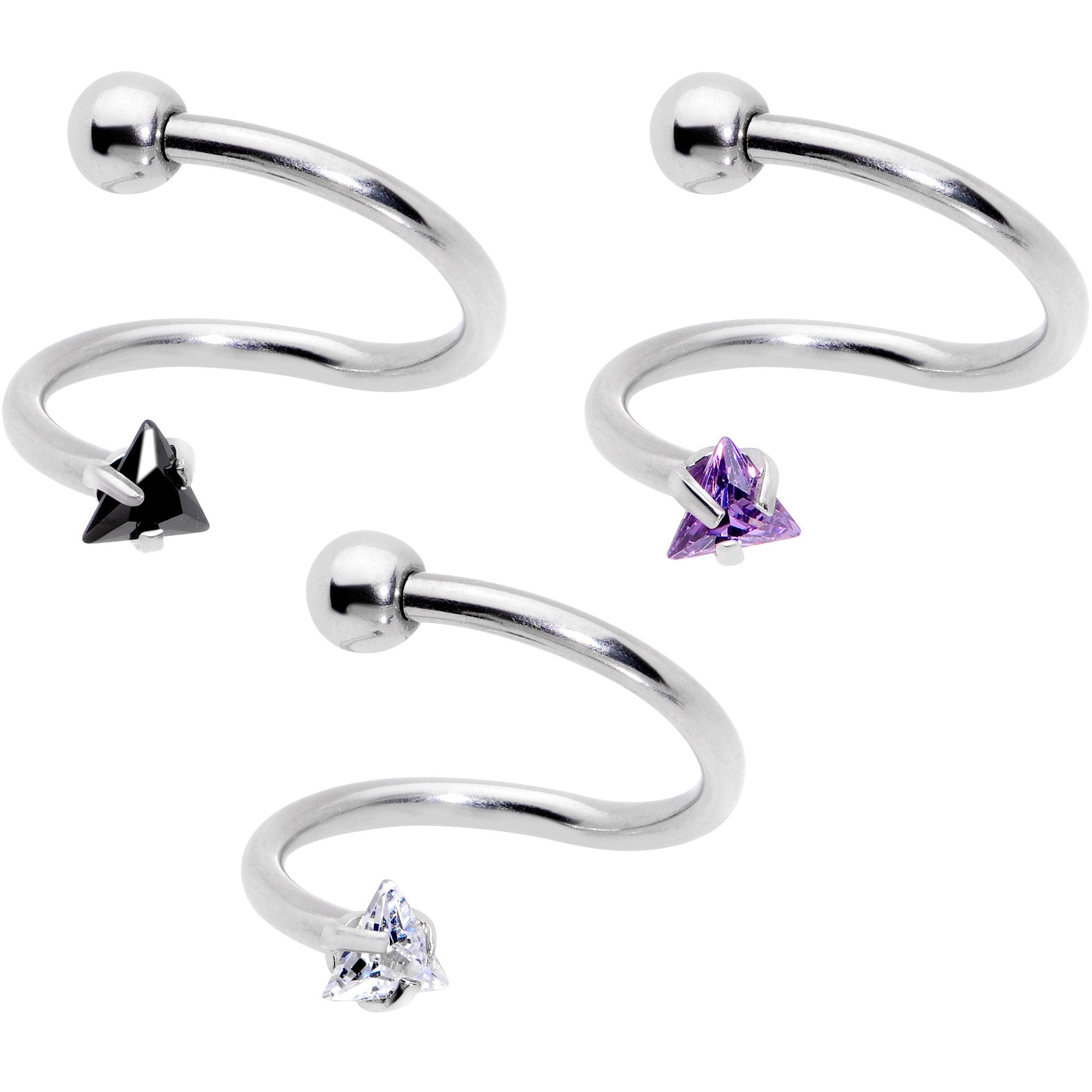 16G 3/8 Goth CZ Gem Triangle Spiral Twister Eyebrow Ring Set