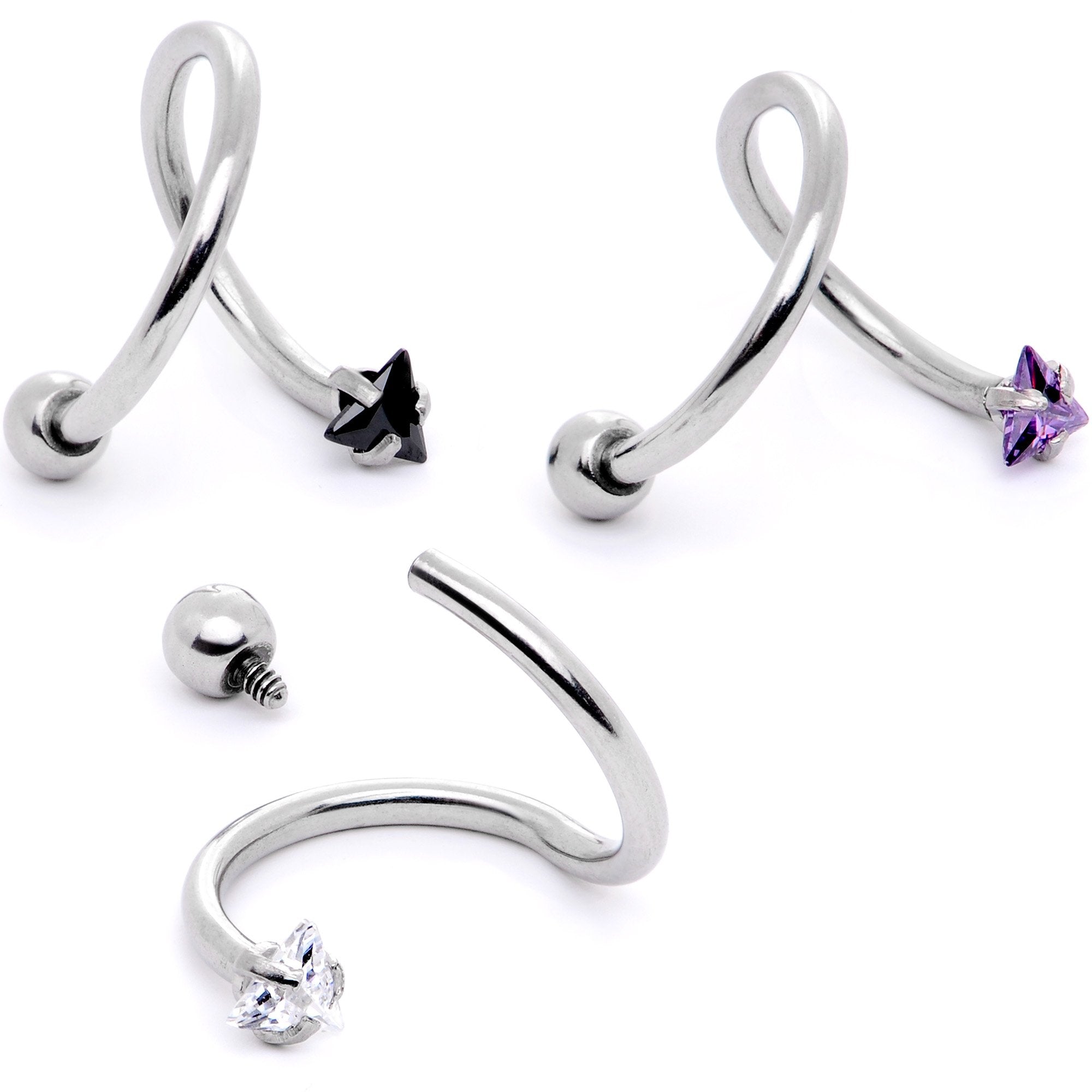 16G 3/8 Goth CZ Gem Triangle Spiral Twister Eyebrow Ring Set