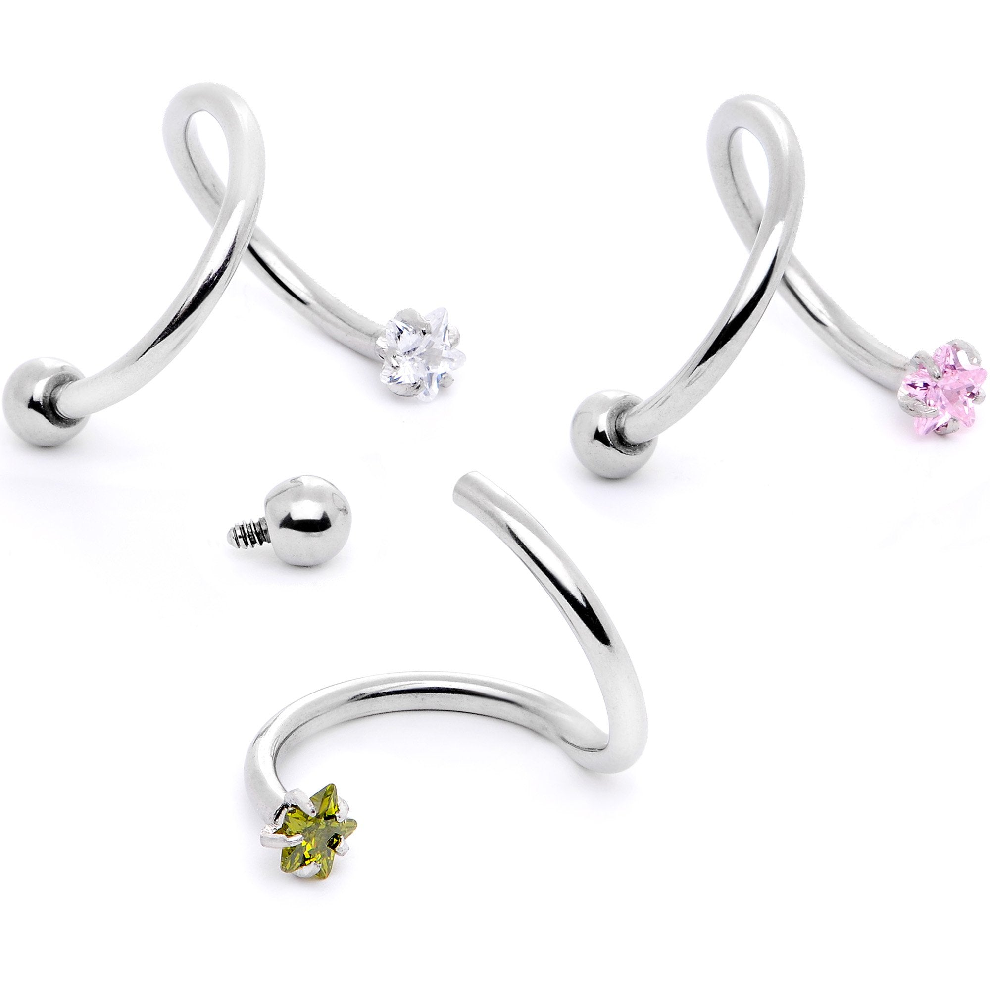 16G 3/8 Color CZ Gem Star Spiral Twister Eyebrow Ring Set