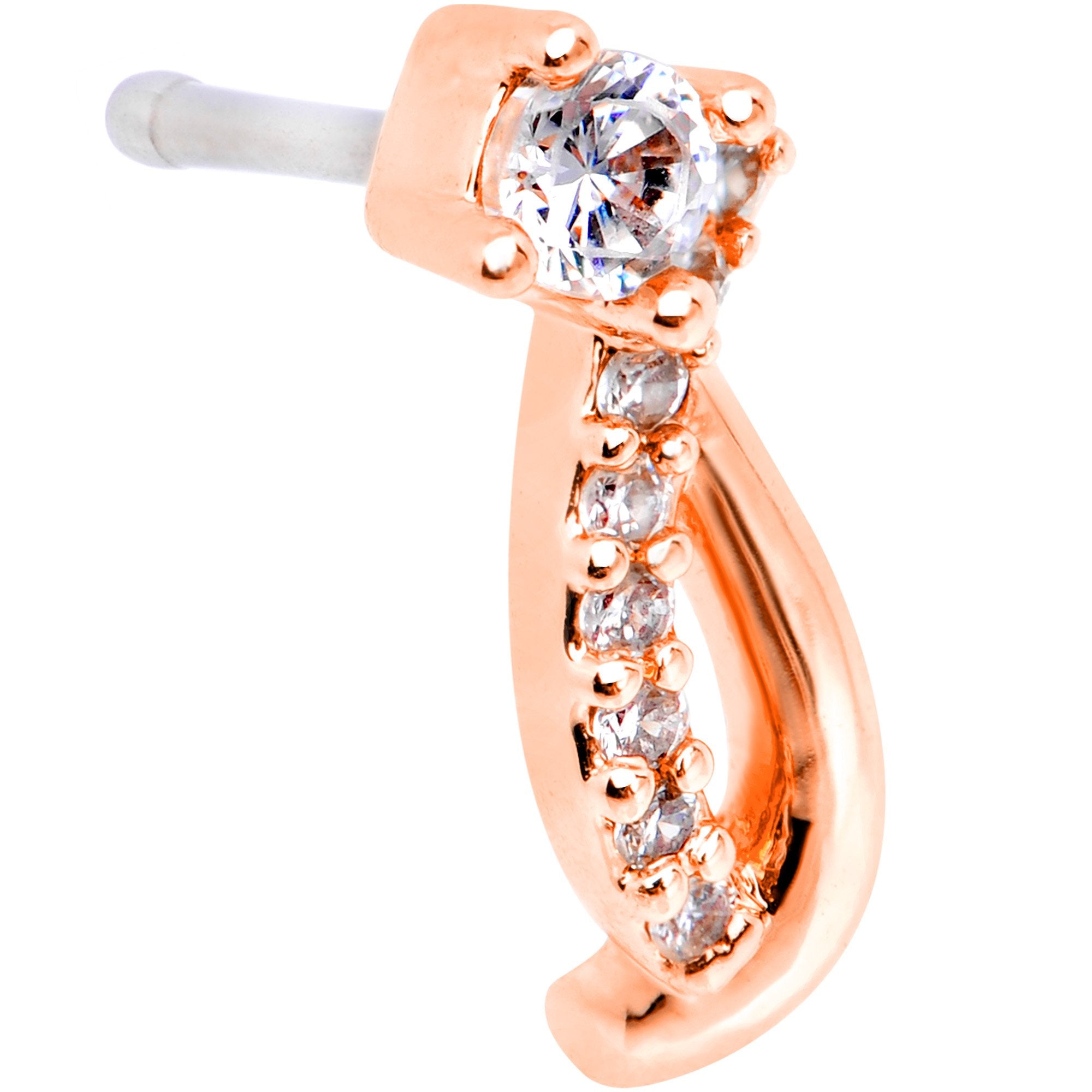 20G 1/4 Clear CZ Rose Gold Tone Twining Strands Nose Bone
