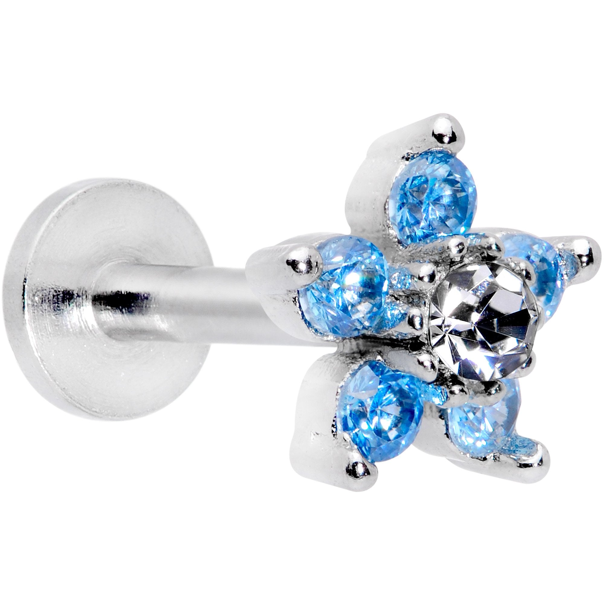 16G 5/16 Clear Blue CZ Gem Star Internally Threaded Labret Tragus
