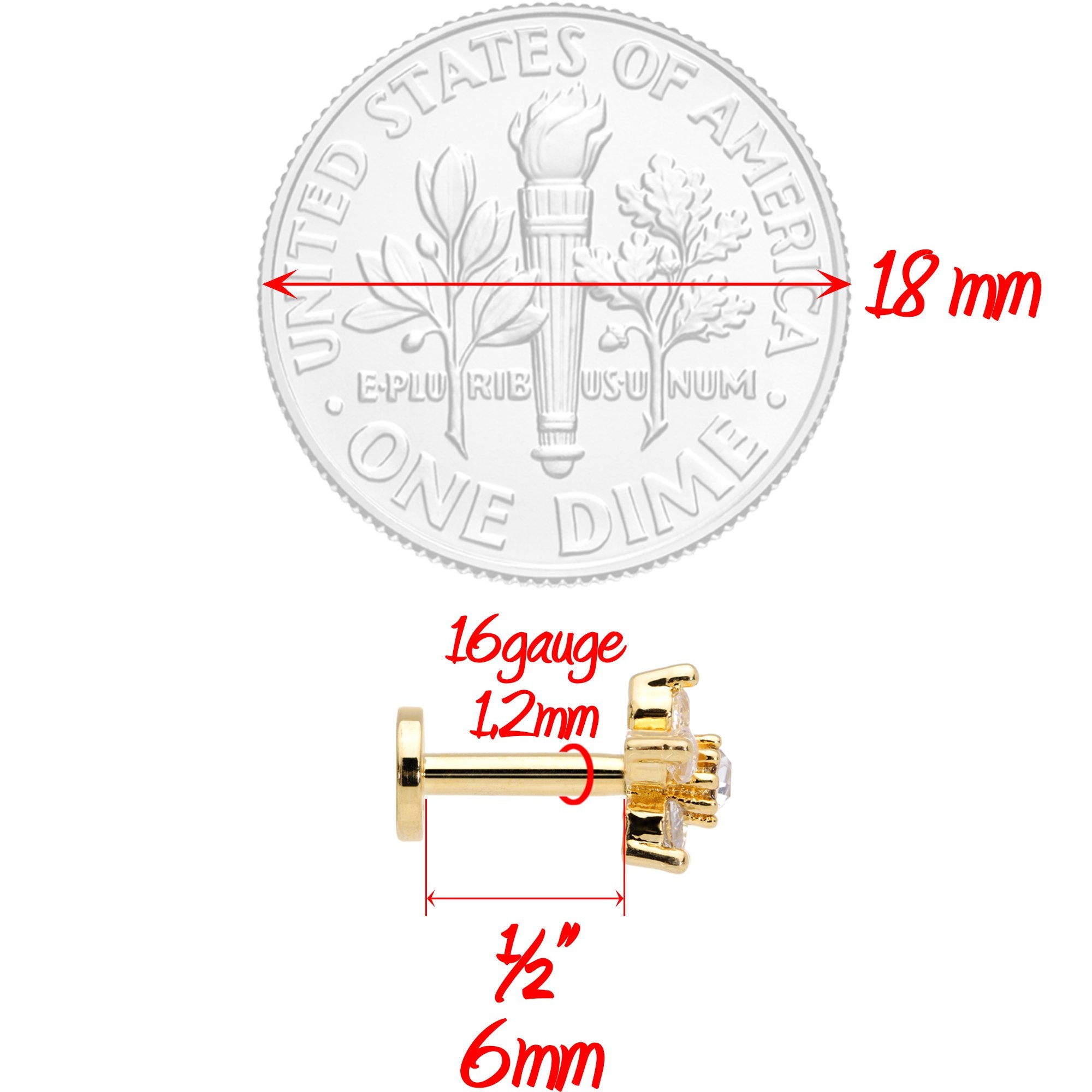 16G 1/4 Clear CZ Star Gold Tone Internally Threaded Labret