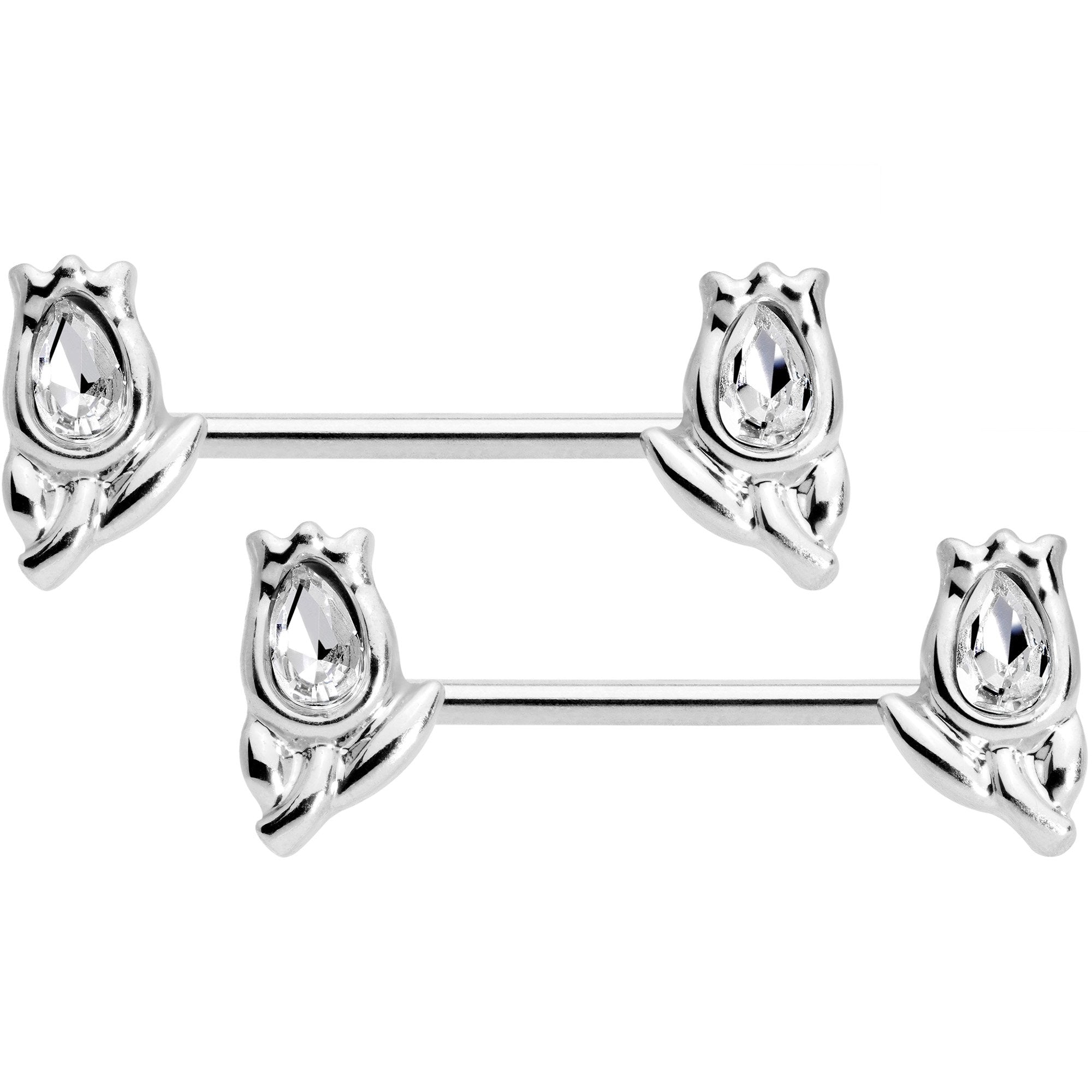 14G 7/16 1/2 Clear Gem Flowers BCR Barbell Nipple Ring Set of 4