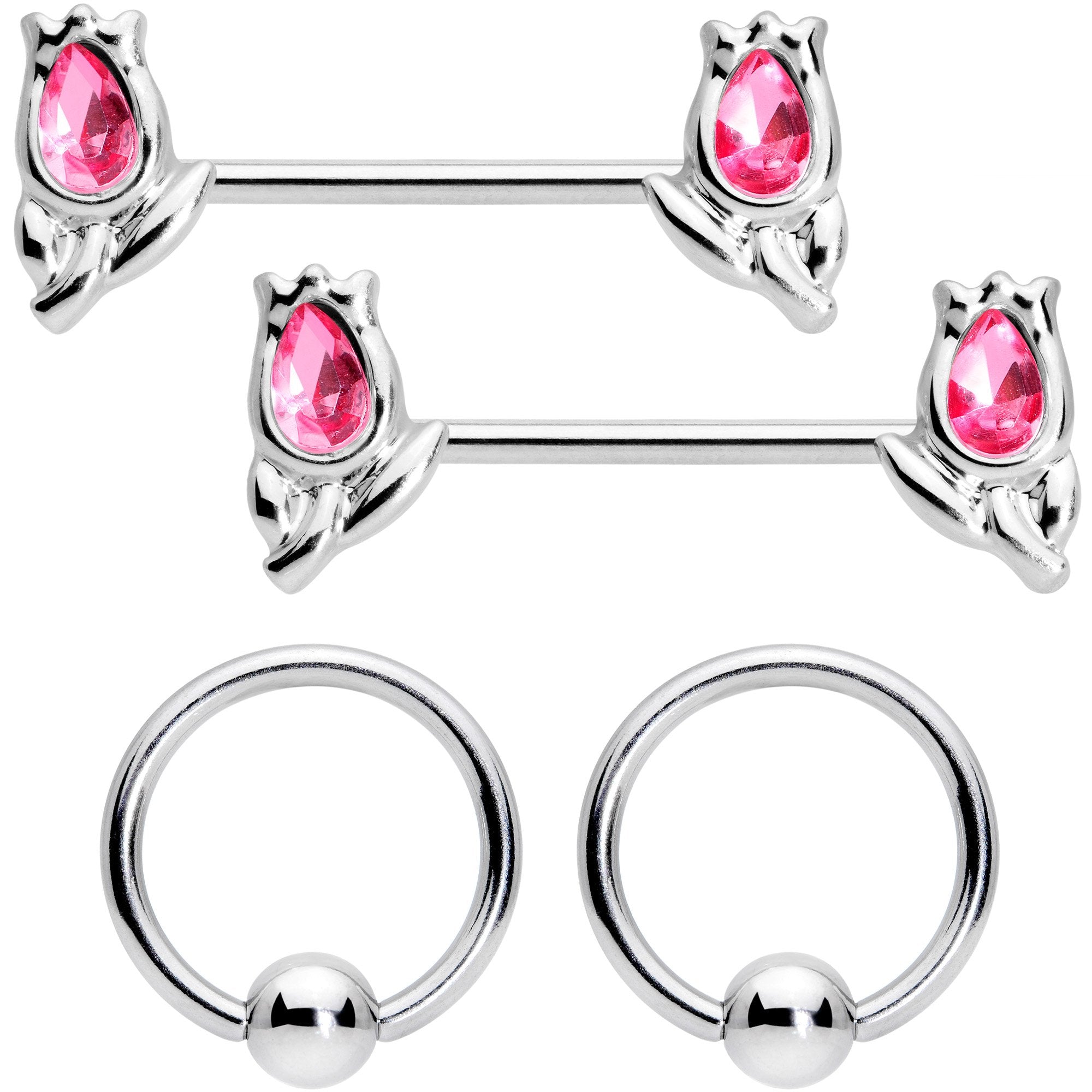 14G 7/16 1/2 Pink Gem Flowers BCR Barbell Nipple Ring Set of 4