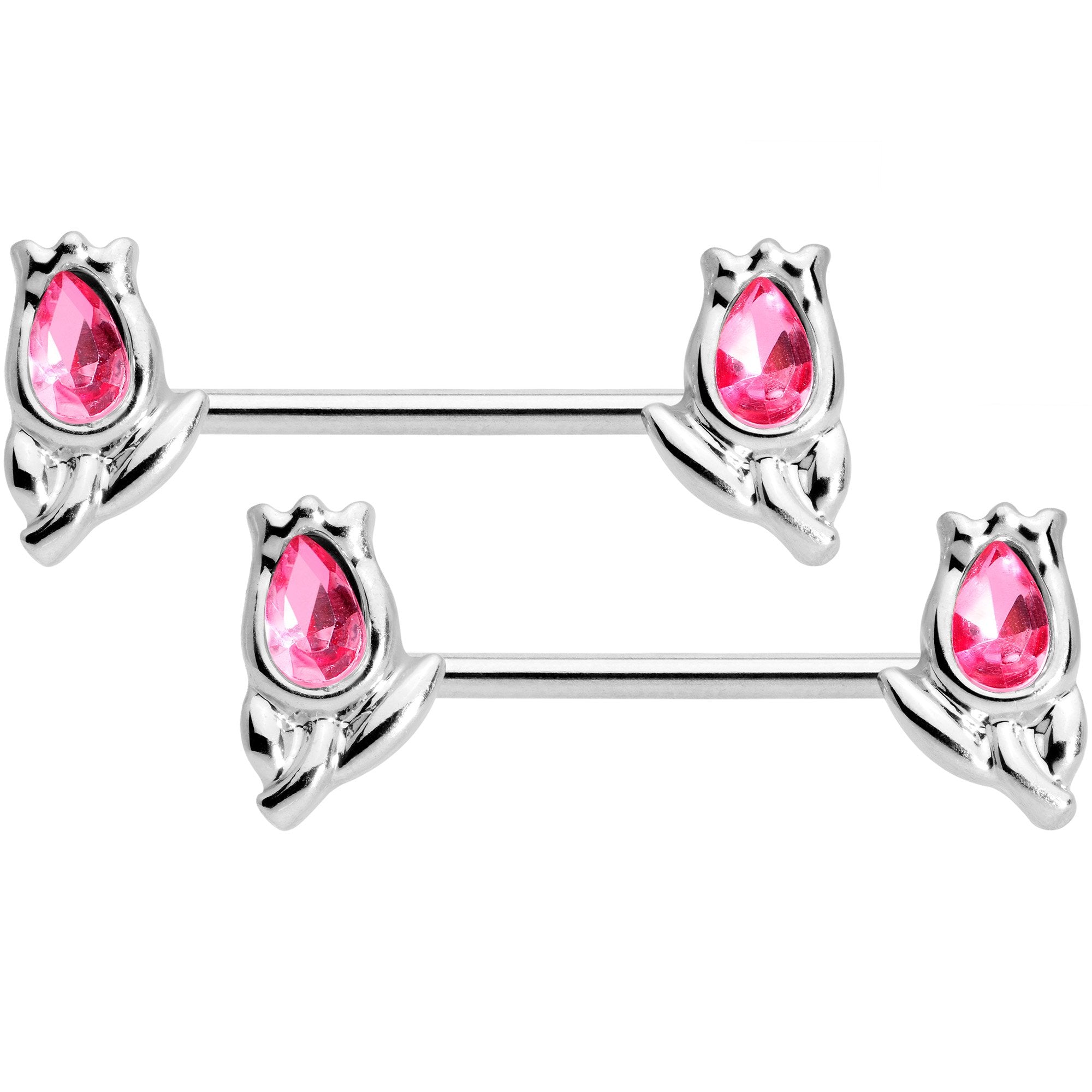 14G 7/16 1/2 Pink Gem Flowers BCR Barbell Nipple Ring Set of 4
