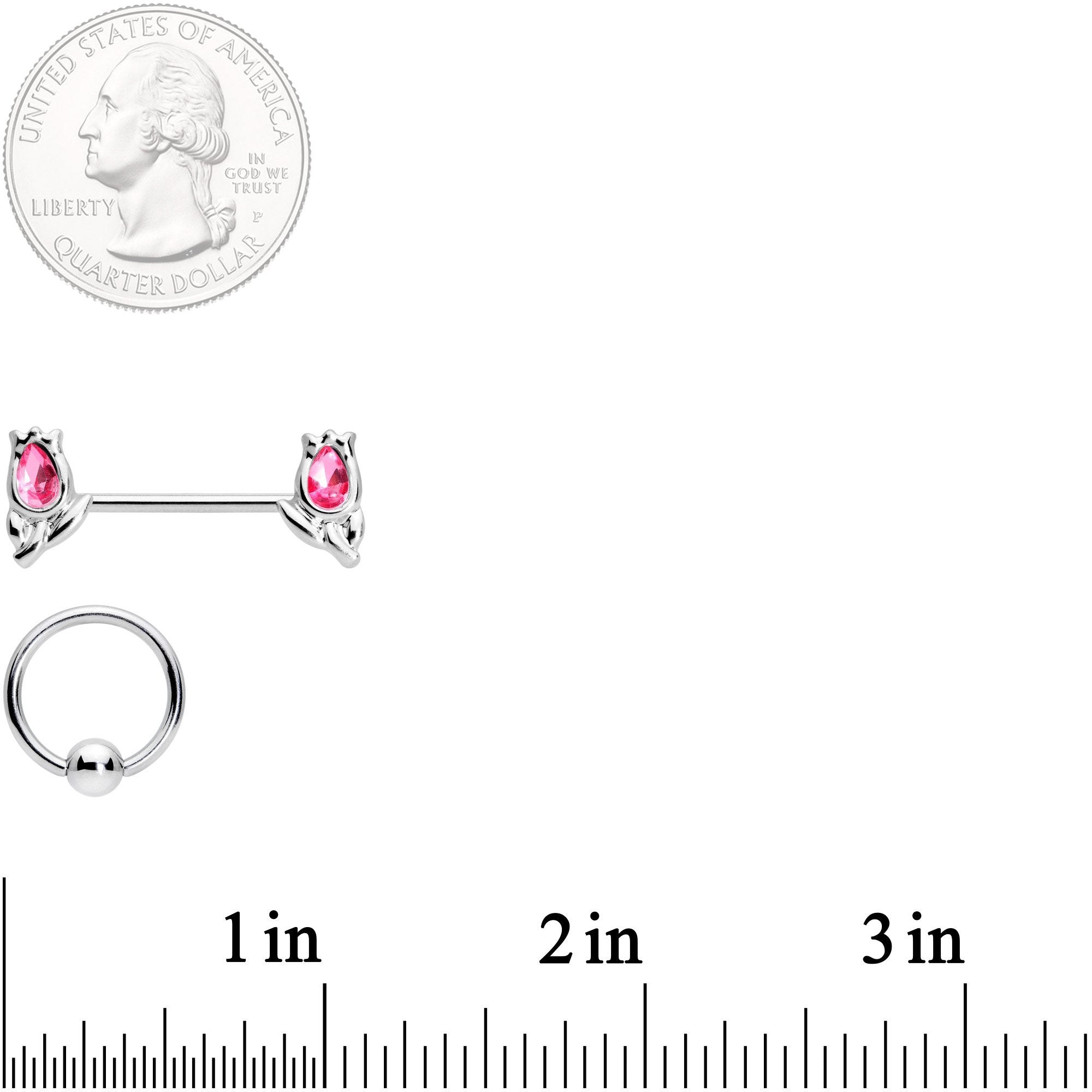 14 Gauge 7/16 1/2 Pink Gem Flowers BCR Barbell Nipple Ring Set of 4