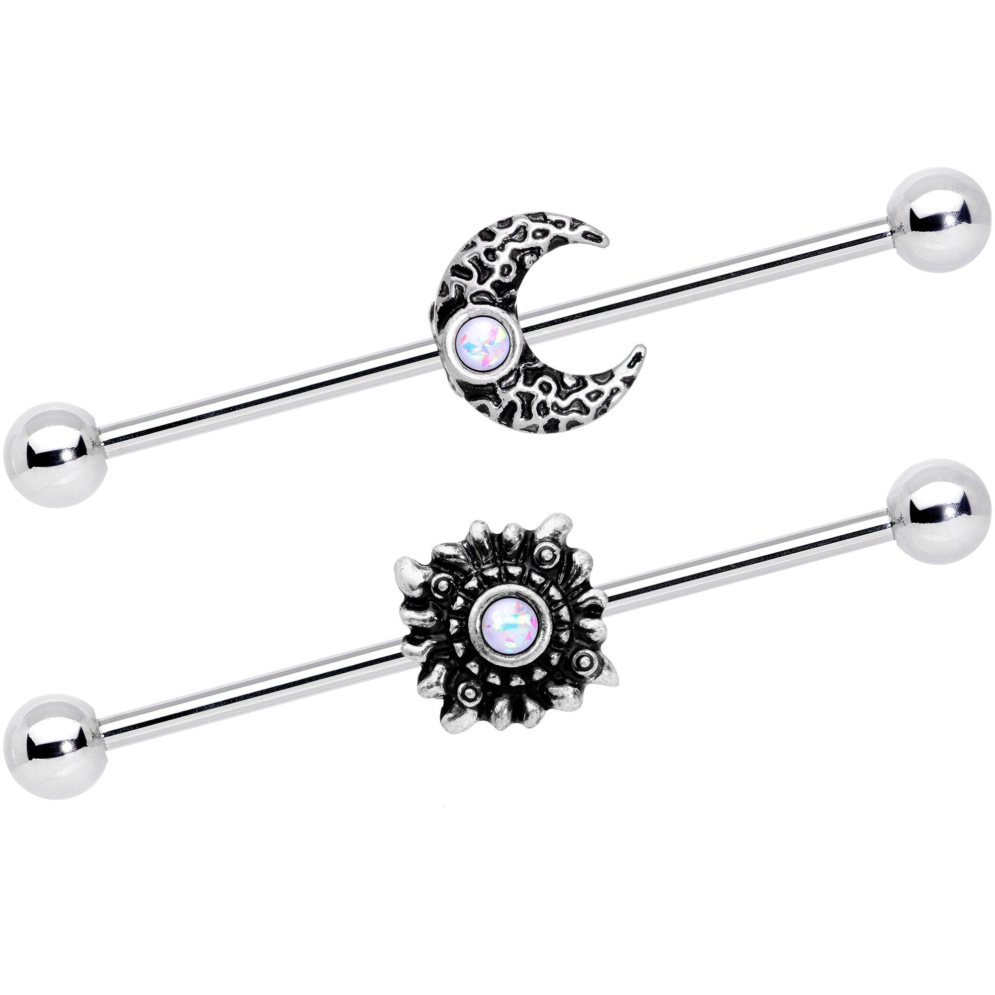 14G White Faux Opal Sun Moon Industrial Barbell Set 38mm