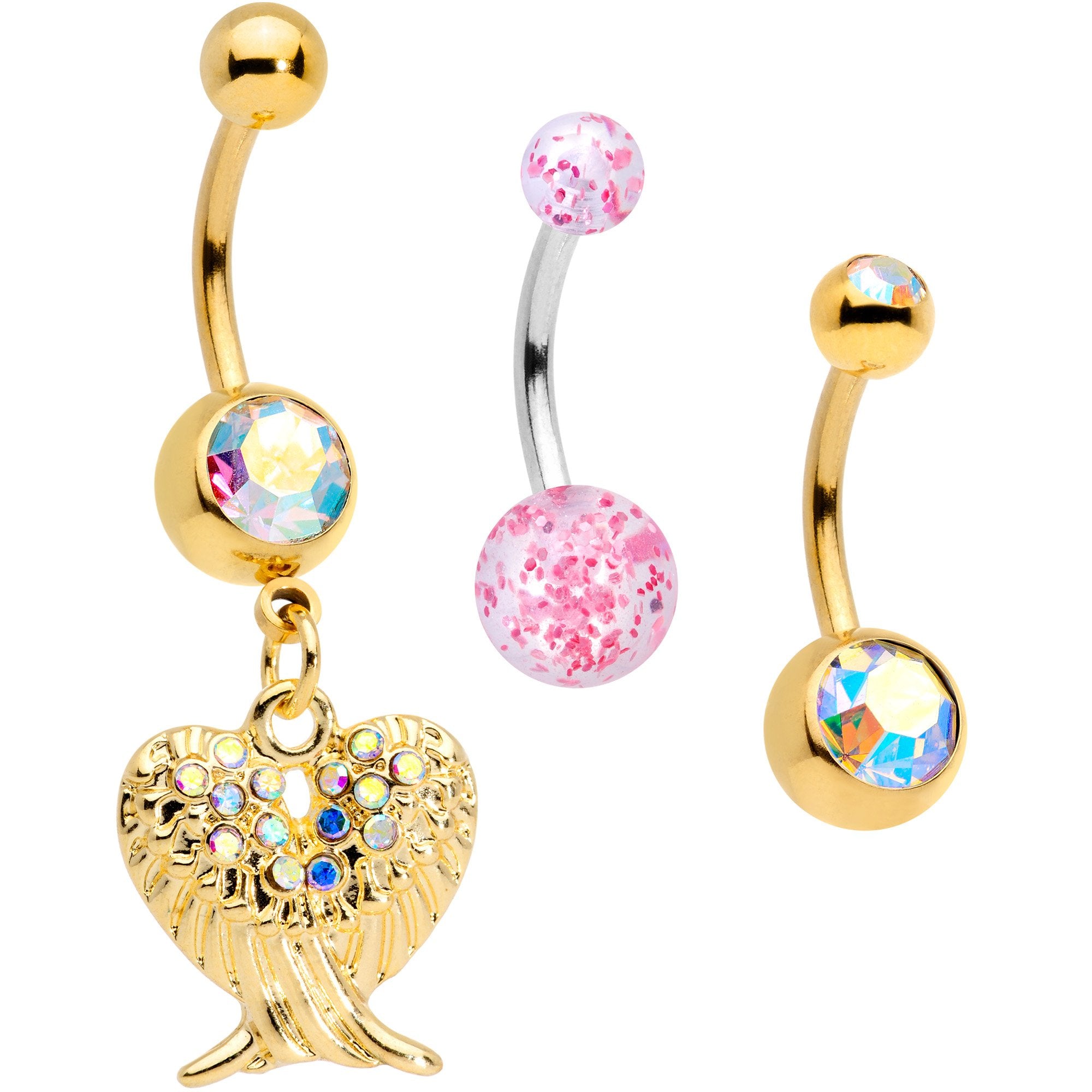 Aurora Gem Gold Tone Angel Wings Pink Confetti Belly Ring Set of 3