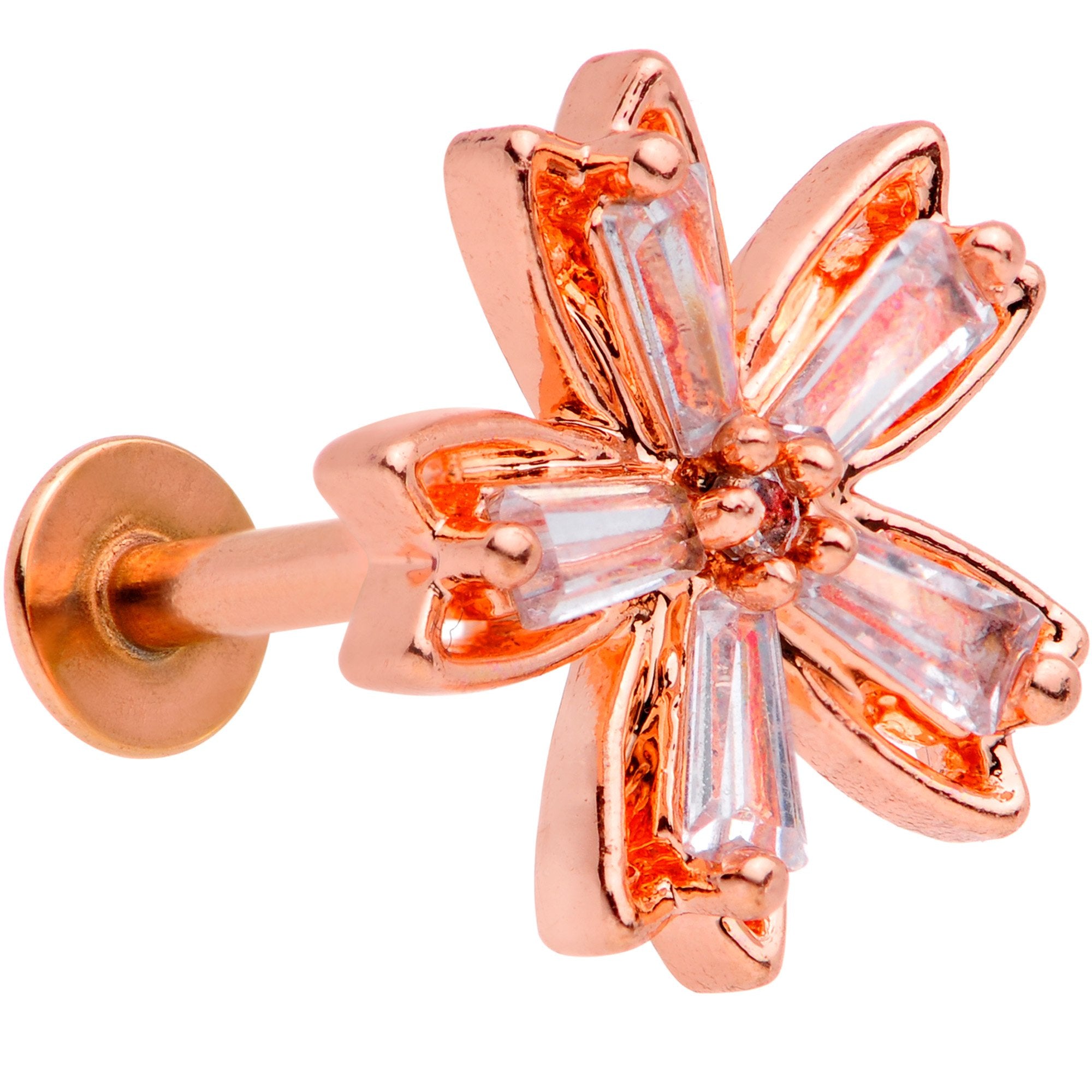 16G 5/16 Clear CZ Gem Rose Gold Tone Flower Labret Monroe Tragus