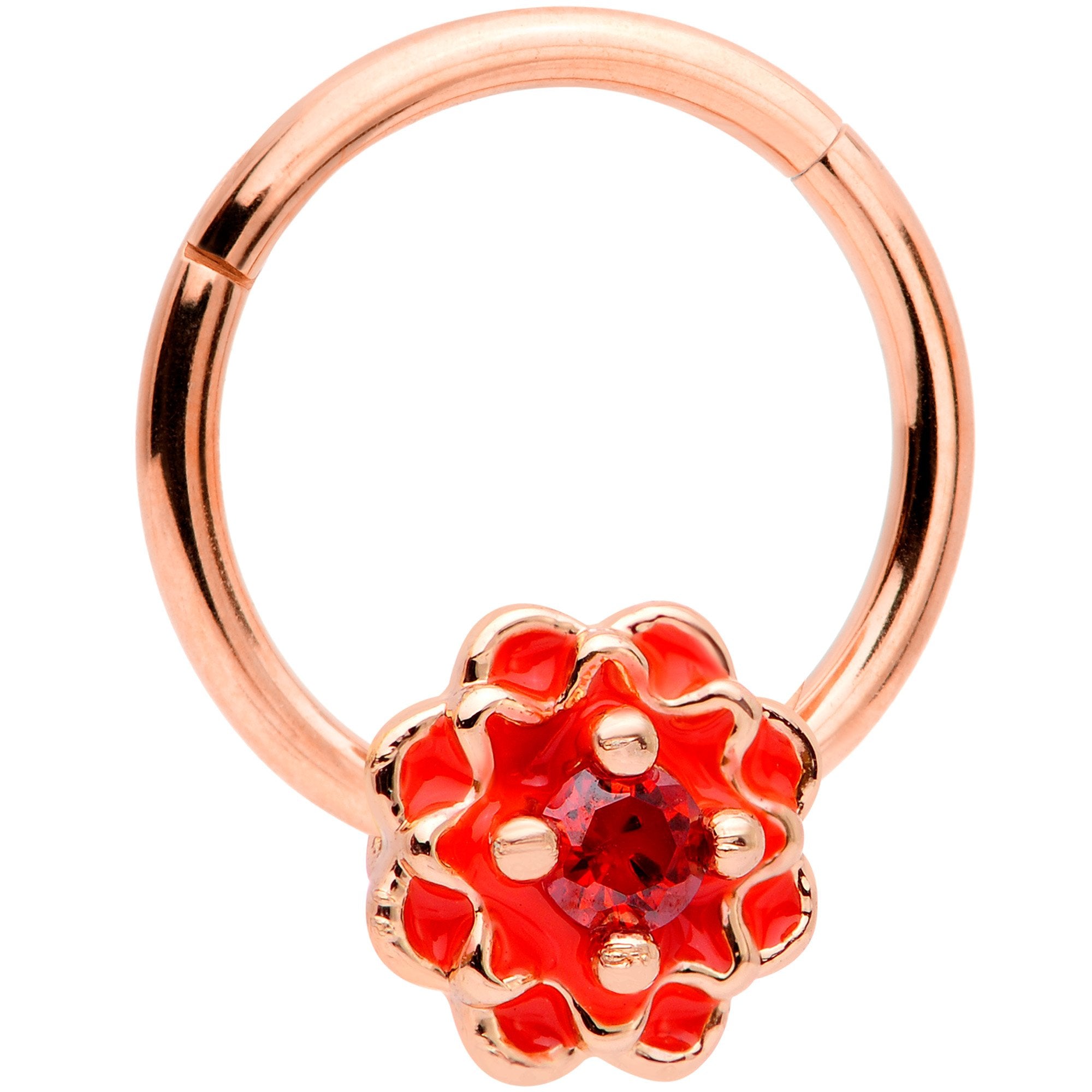 16G 3/8 Red Gem Rose Gold Tone Red Flower Septum Hinged Segment Ring